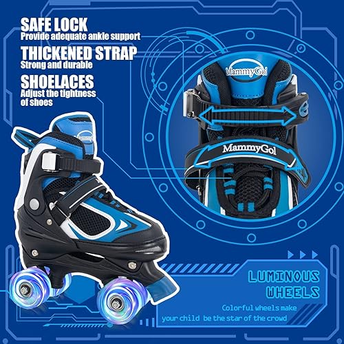 Miniatura 3 de MammyGol Patines de ruedas para niños y niñas, 4 tamaños ajustables para niños con todas las ruedas iluminadas, protección completa para deportes de