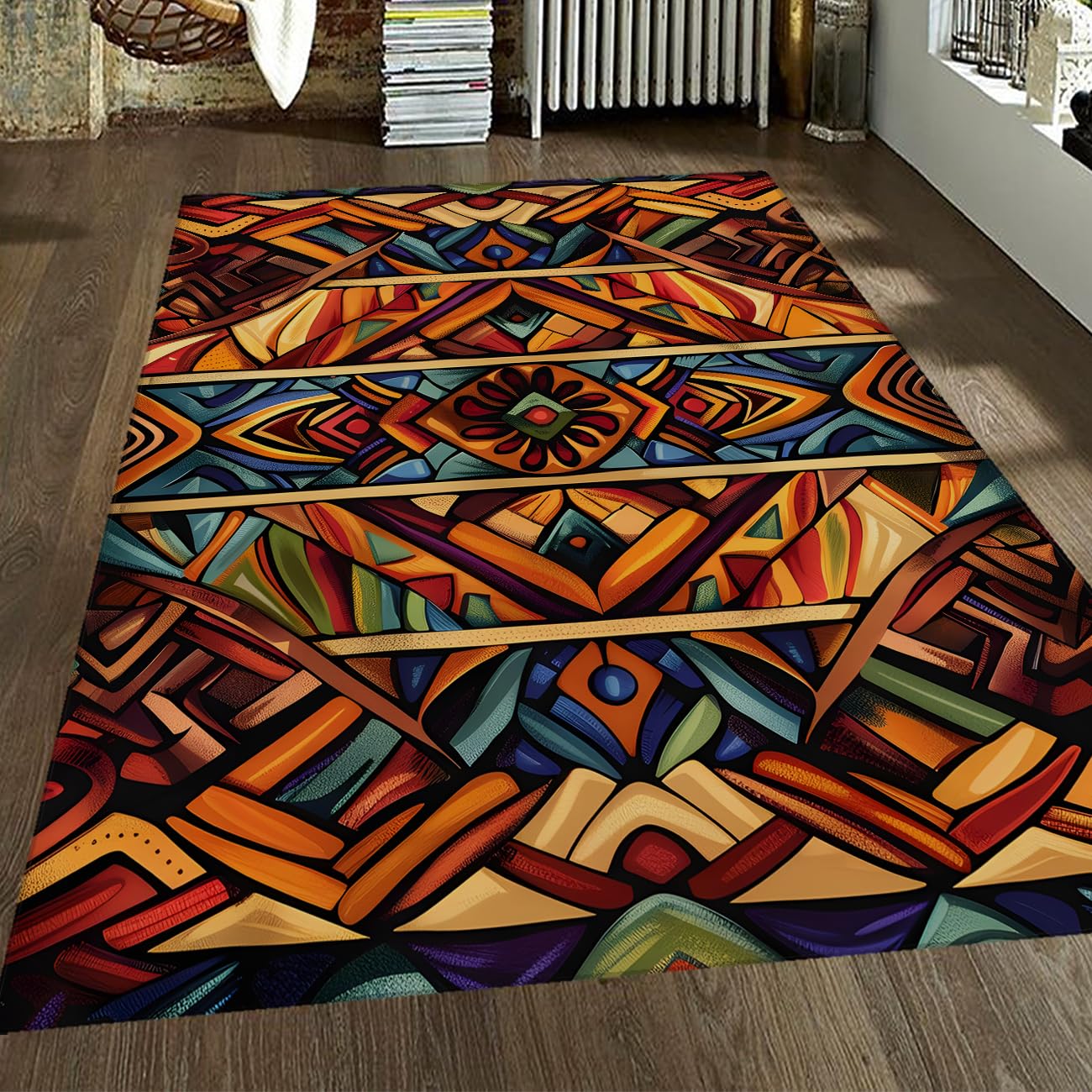 Lebendiger tribaler geometrischer Teppich 180x270 waschbar rutschfest für Wohnzimmer niedrigflorig Nicht abfallend glasgestrichen ultraweich für Eingang Schlafzimmer Boho Ethno
