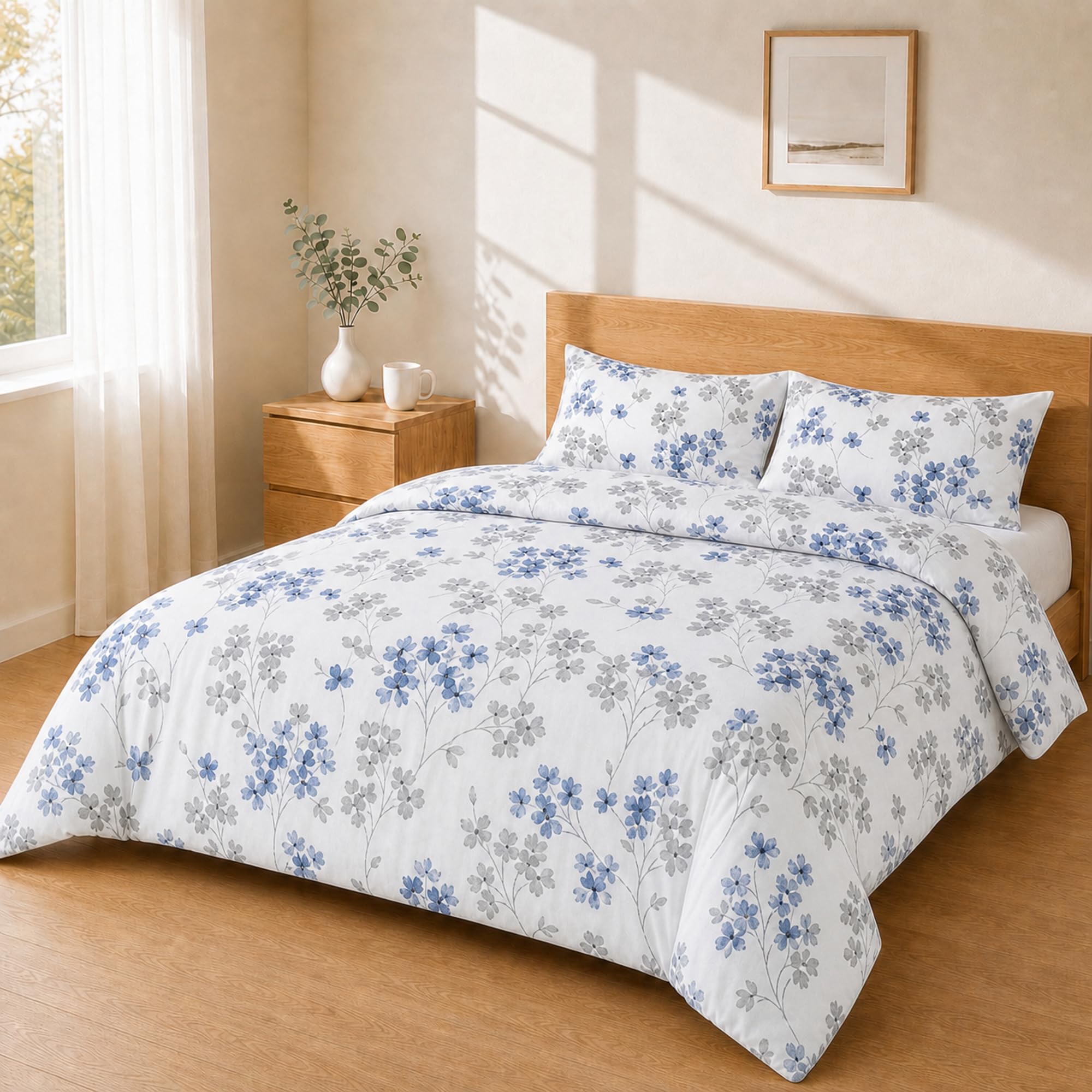 Homebliss 2-Piece Bedding Set 240 x 220 cm + 50 x 80 cm Watercolour Flowers Blue and Grey