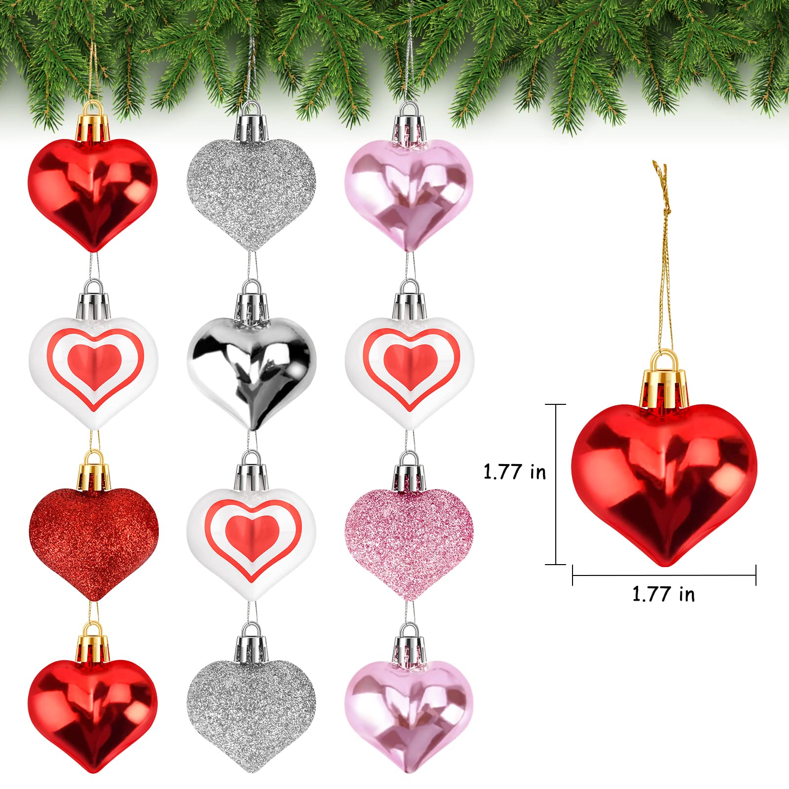 Heart Ornaments for Valentines Day Decorations, Valentines Decor for Tree, 30 Pcs Heart Shaped Ornaments for Home Decorations, 7 Styles