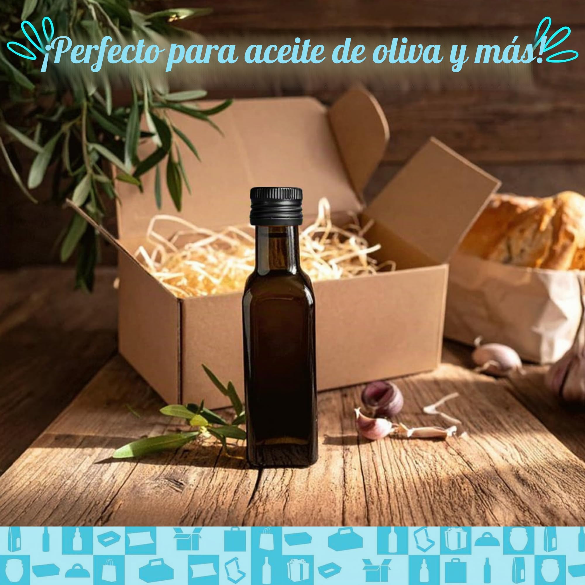 20 Botellas de Cristal Oscuro 100 ml con Tapón de Rosca Negro + 20 Cajas + 20 sellos + 20 Etiquetas Kraft + Cuerda – Botellas Pequeñas para Aceite de Oliva, Vinagre, Alcohol, Muestras
