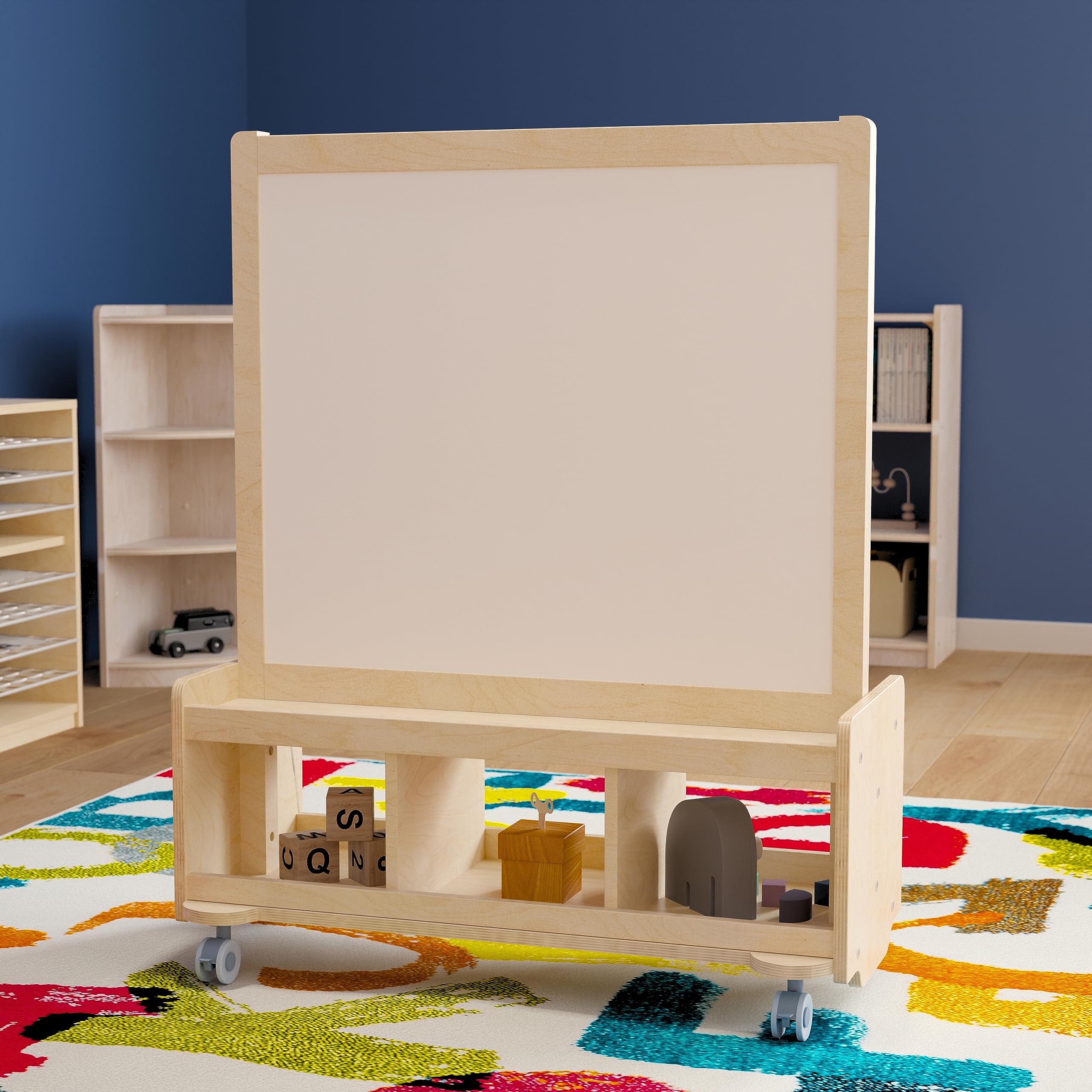 Classroom Essentials Commercial Wooden Mobile Dual Sided 2 Person Art Station with Locking Caster Wheels and Bottom Cubby Storage, Natural