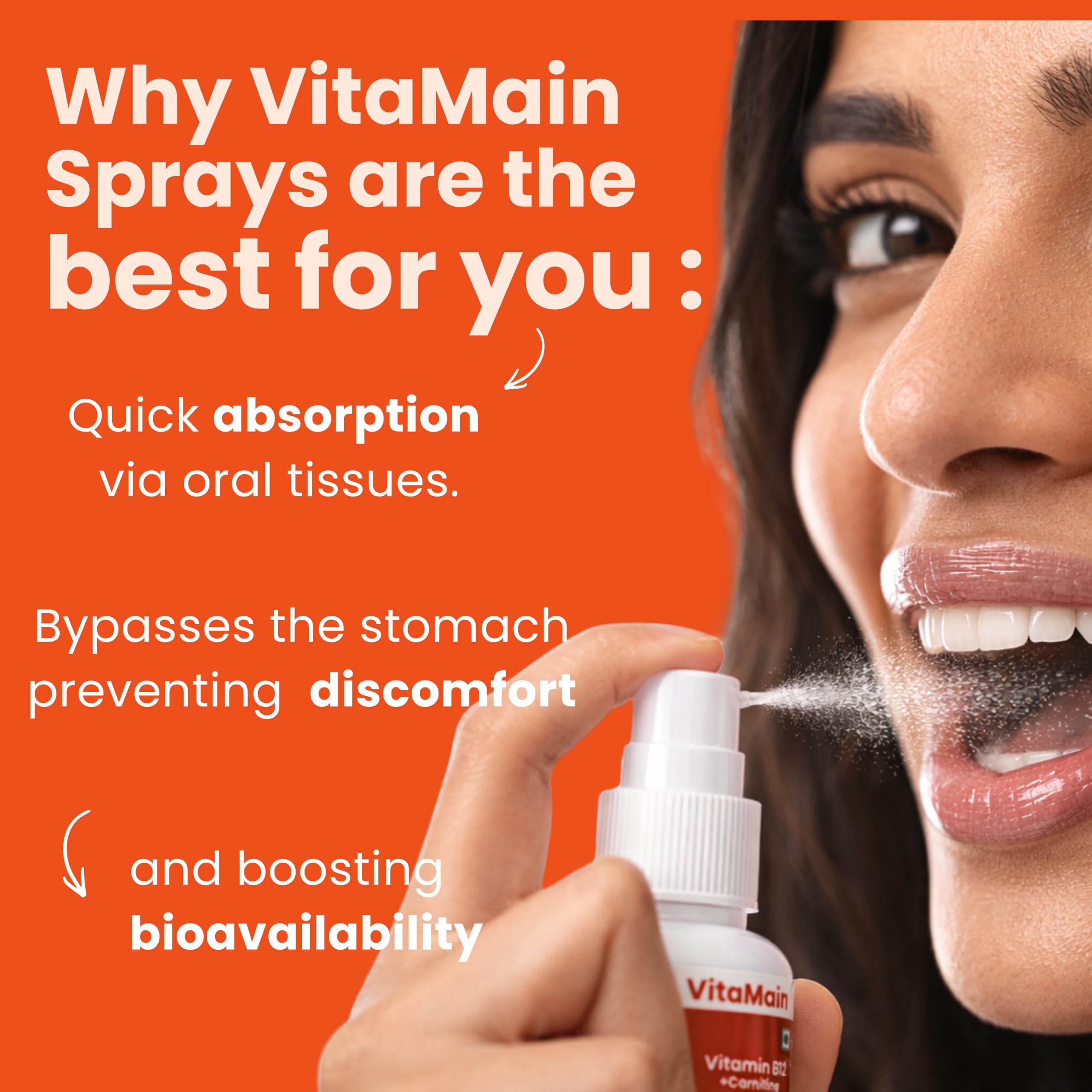 VitaMain Vitamin B12 Oral Spray with L-Carnitine, Orange, 30ml | Instant Energy | Brain Focus & Fatigue Support