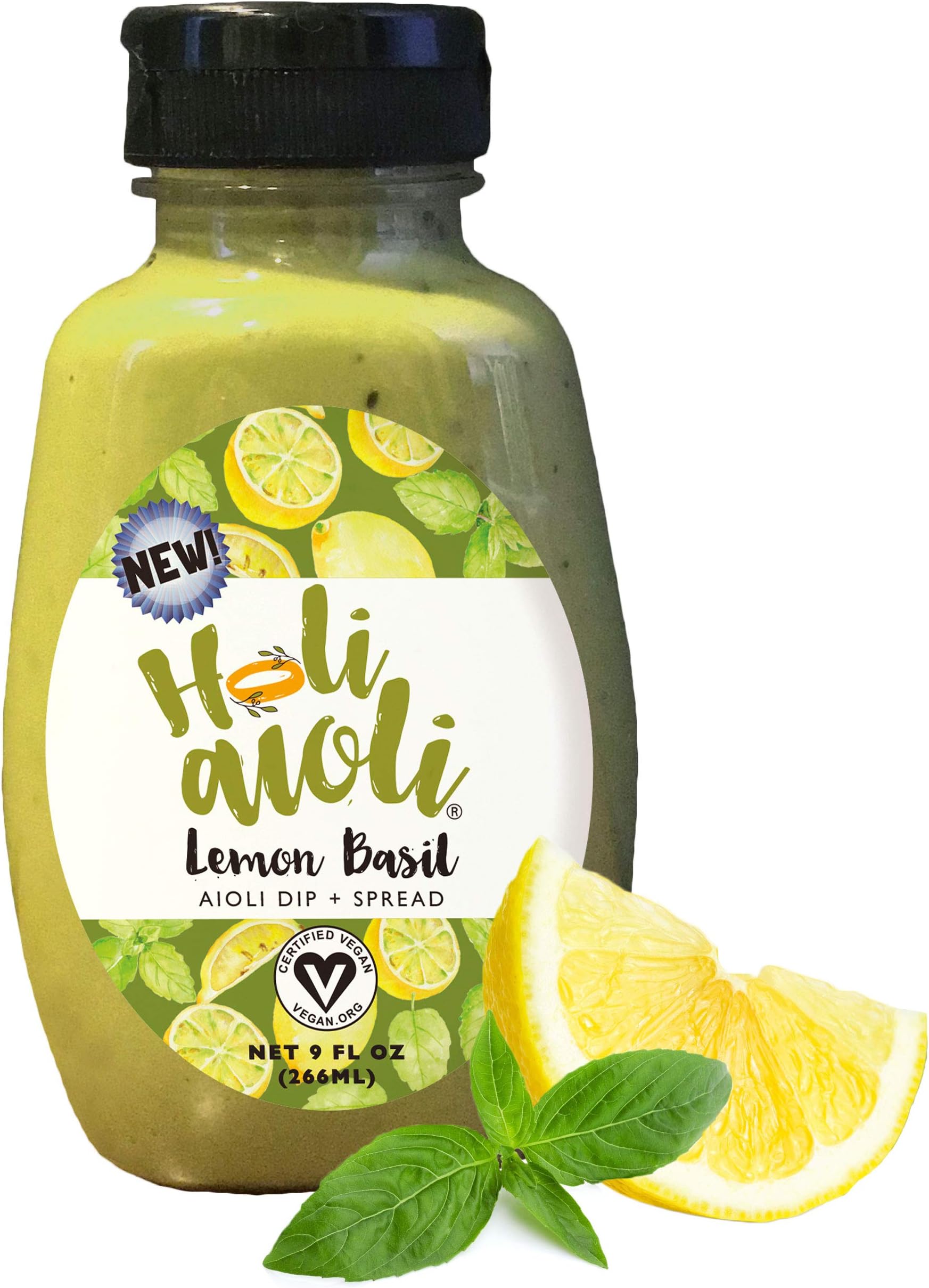 Holi Aioli Lemon Basil Sandwich Spread & Mayonnaise Alternative - Low-Calorie, Healthy, 100% Vegan Dressing Dip - Mayo Replacement Salad Dressing with Organic Ingredients - 9 Fluid Ounces