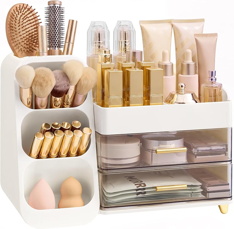 Organizador de maquiagem SONGMICS com 2 gavetas e divisórias para pincéis, branco