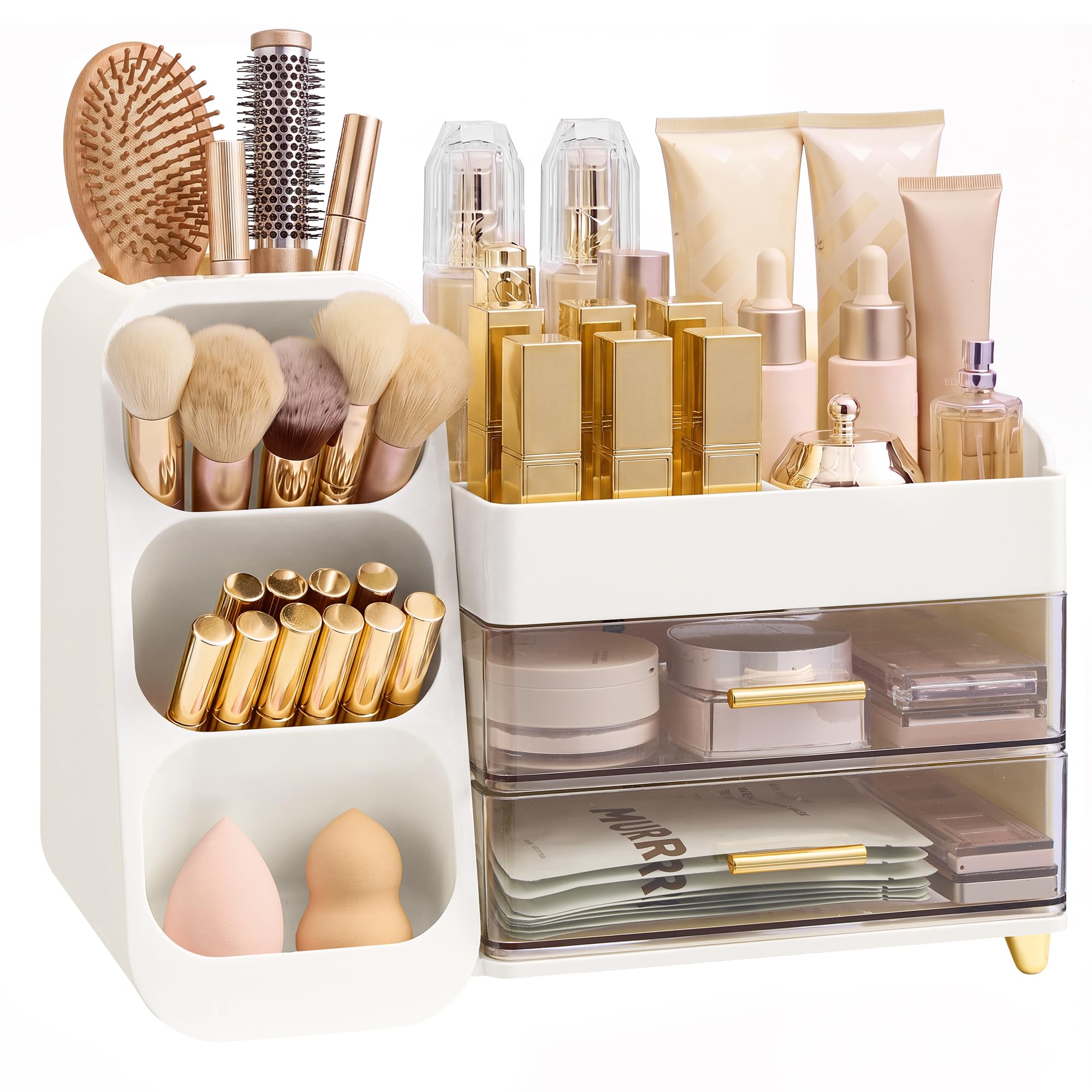 SONGMICS Make up Kosmetik Organizer mit Schubladen, Pinsel Aufbewahrung | 3-in-1 Aufbewahrung Schminke große Lagerung, Plastic Kosmetik Aufbewahrungsbox, Geschenk, Weiß, Glora Kollektion, JKA031WA01