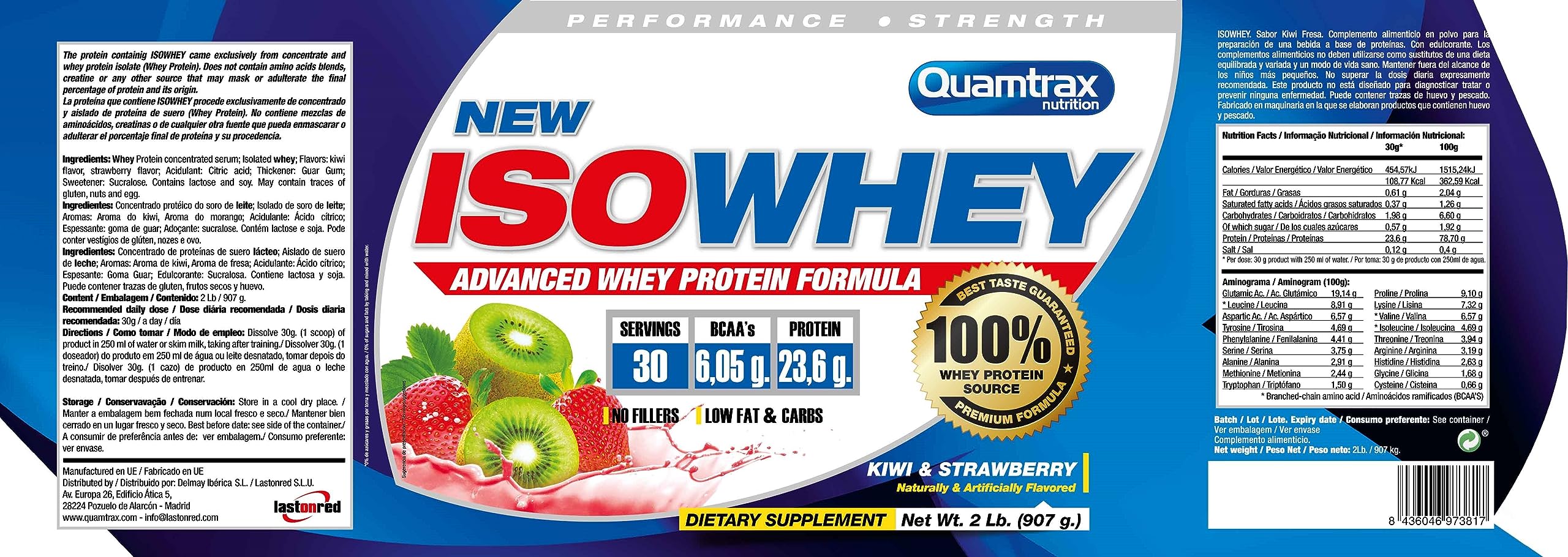 Quamtrax Nutrition - Iso Whey - 2 lb - Fresa y Kiwi - Proteína de suero de alto contenido proteico, rápida absorción y bajo en grasas