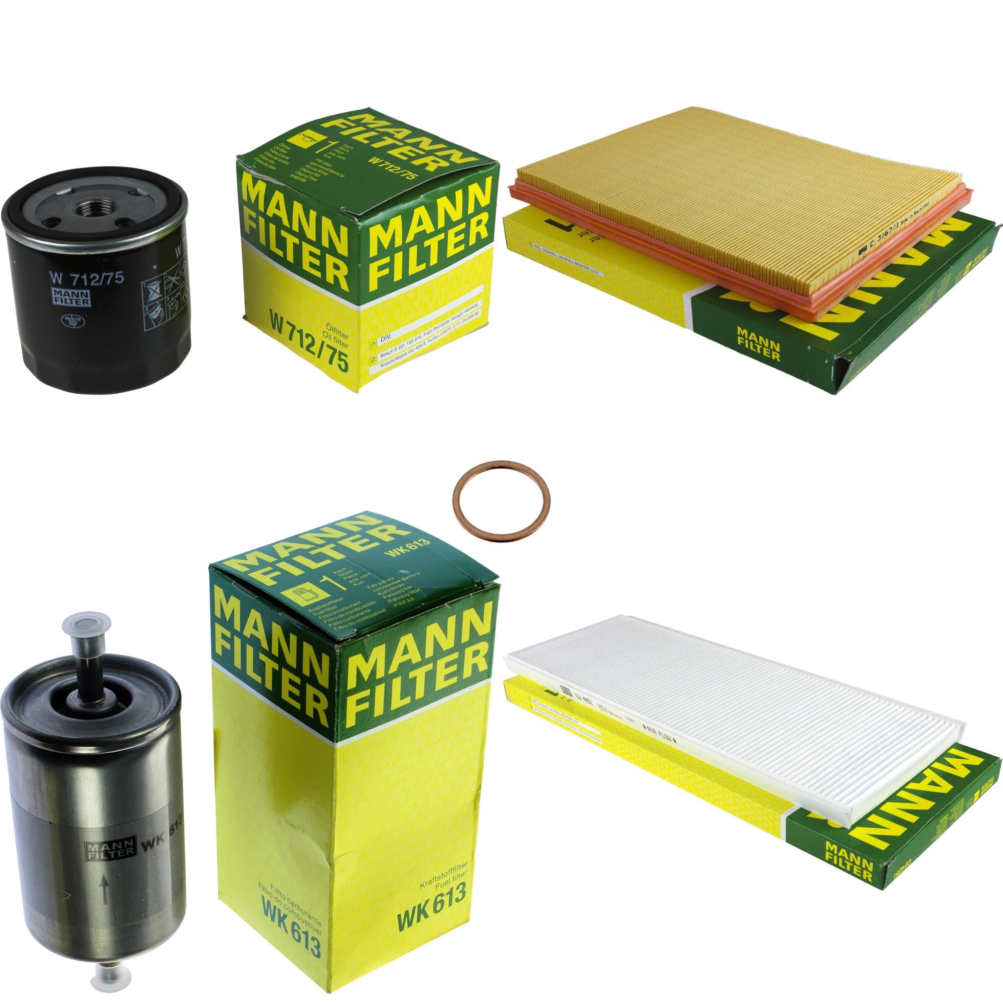 Paquete de inspección Kit de mantenimiento de filtros con filtro de aceite W 712/75, filtro de aire C 3167/1, filtro de combustible WK 613, filtro de habitáculo CU 4251, anillo de sellado