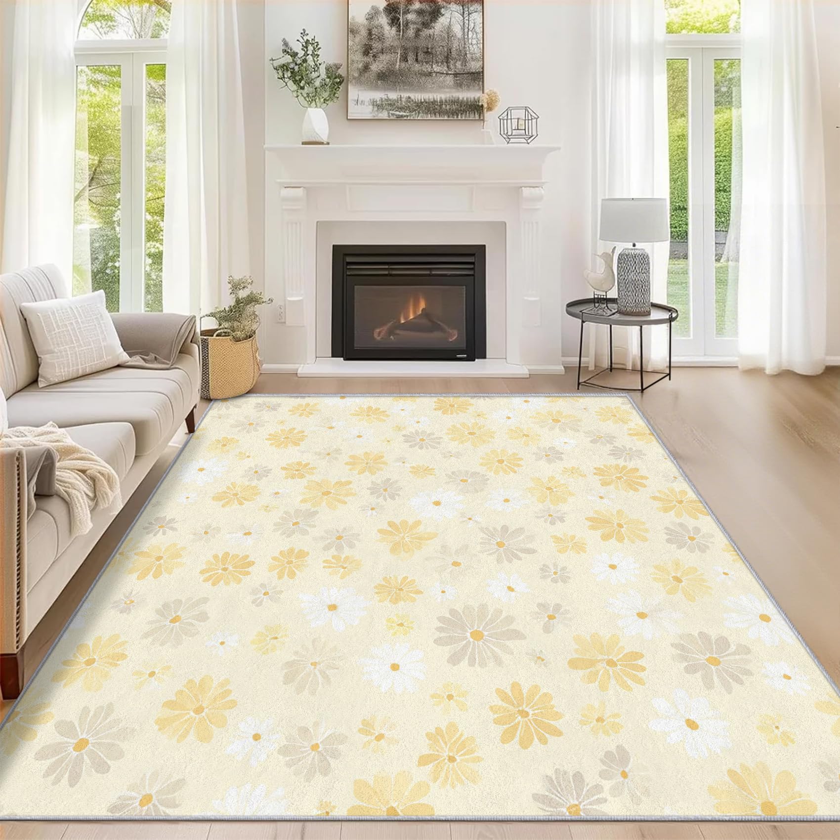 Grand tapis salon 240x340 fleur jaune marguerite en flanelle rase lavable