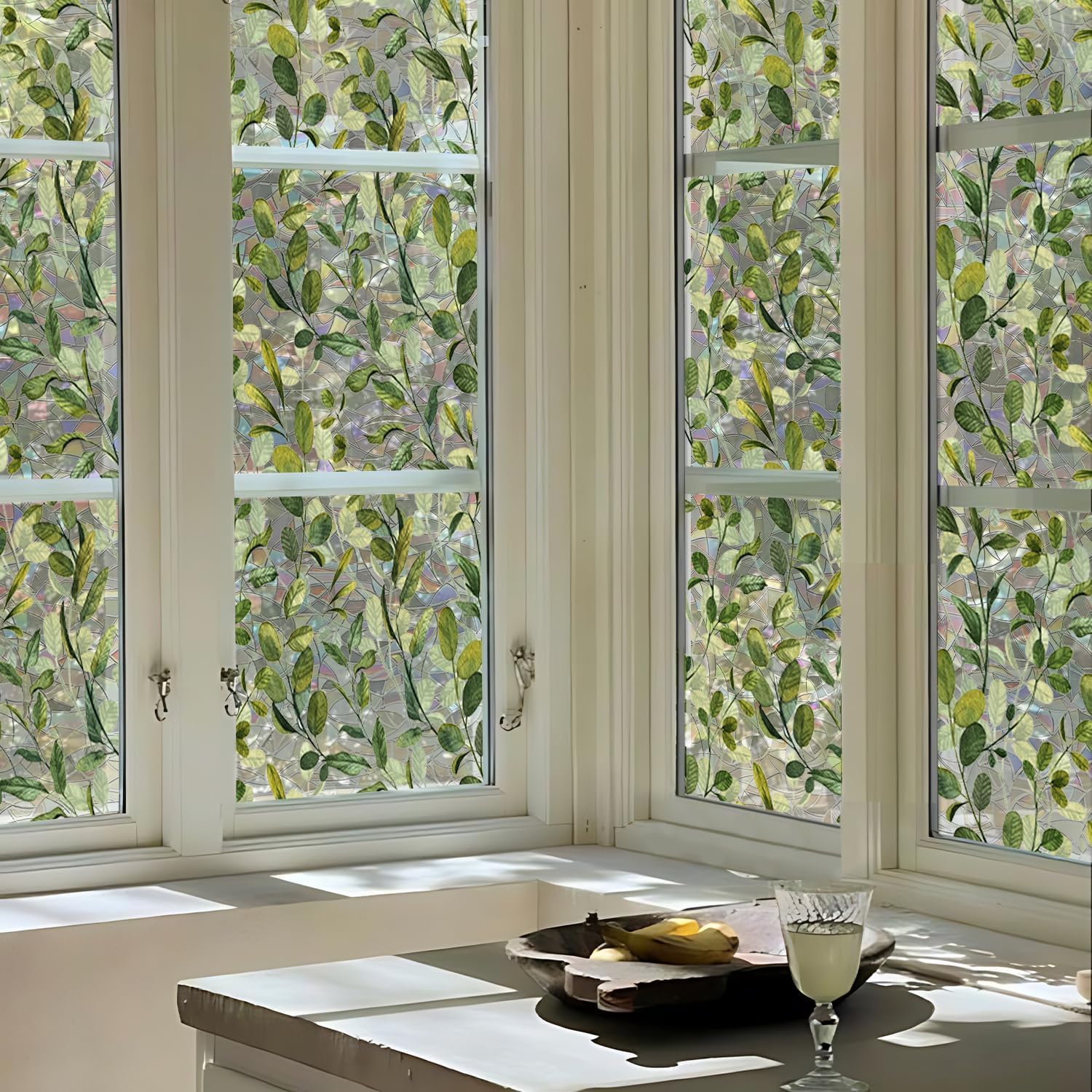 Regenbogen-Fenster-Sichtschutzfolie, Buntglas-Fensteraufkleber, statisch haftend, nicht klebend, dekorative Glasfolie für Schlafzimmer, Wohnzimmer, Küche, Büro, grüne Blätter, 300 x 43 cm
