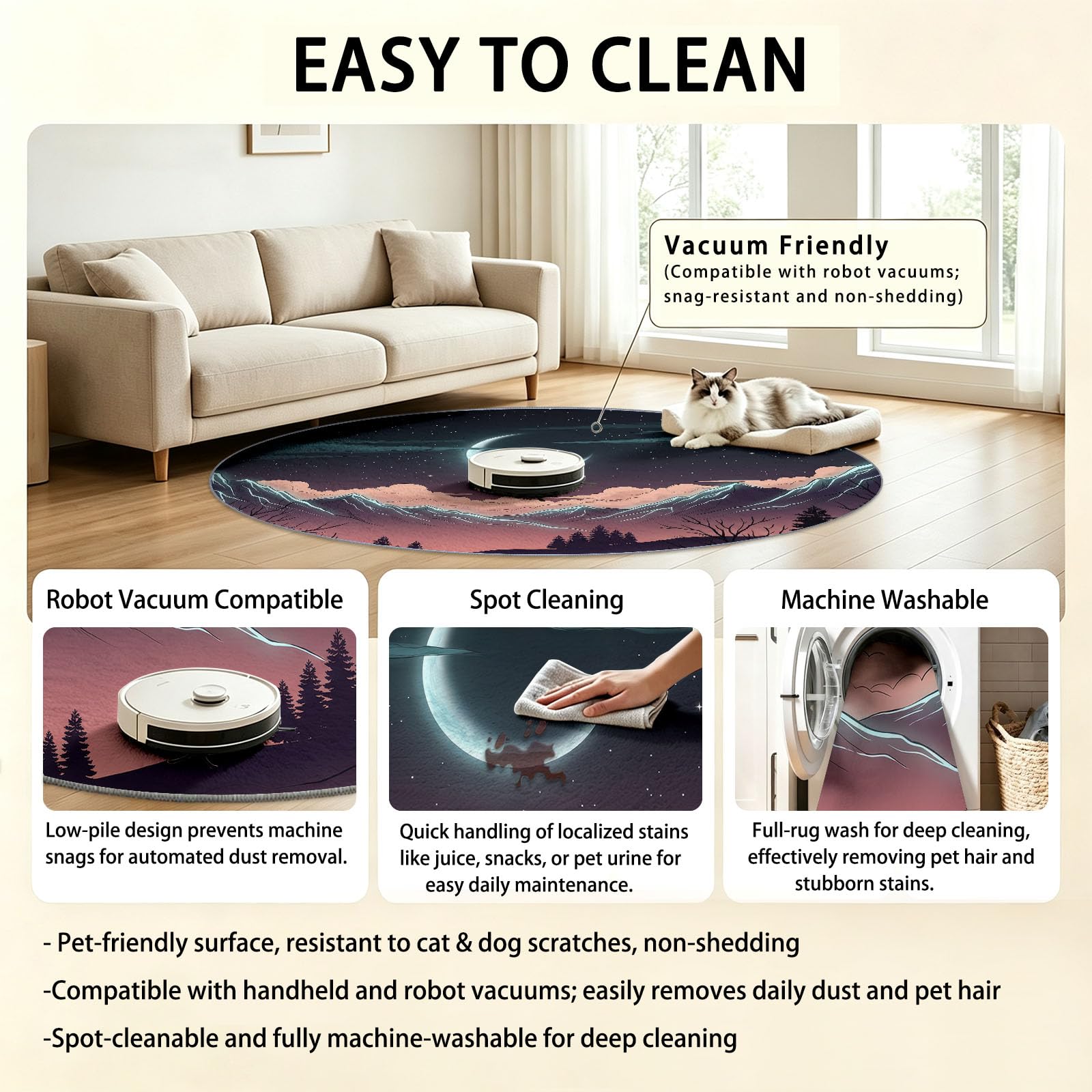Tapis Rond 100 cm, Lavable en Machine Noir Moquette pour Salon - Moquette Poil Bas antidérapant - Fantaisie Ciel Étoilé Montagnes Lune imprimé Tapis pour Salle à Manger Chambre d’Enfant
