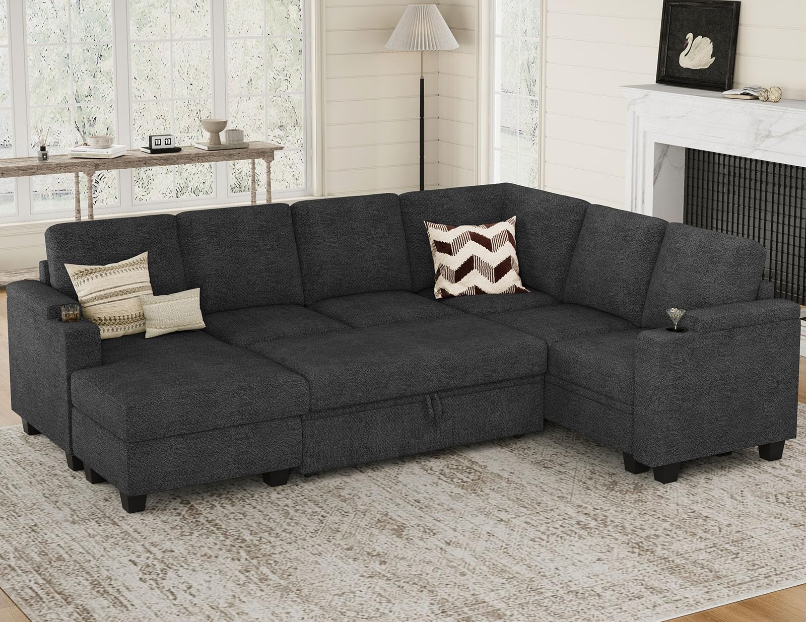 Belffin Sleeper Sofa Modular Sectional Pull Out Couch Bed U Shaped Sofa Couch for Living Room with Storage Chaise. Dark Grey