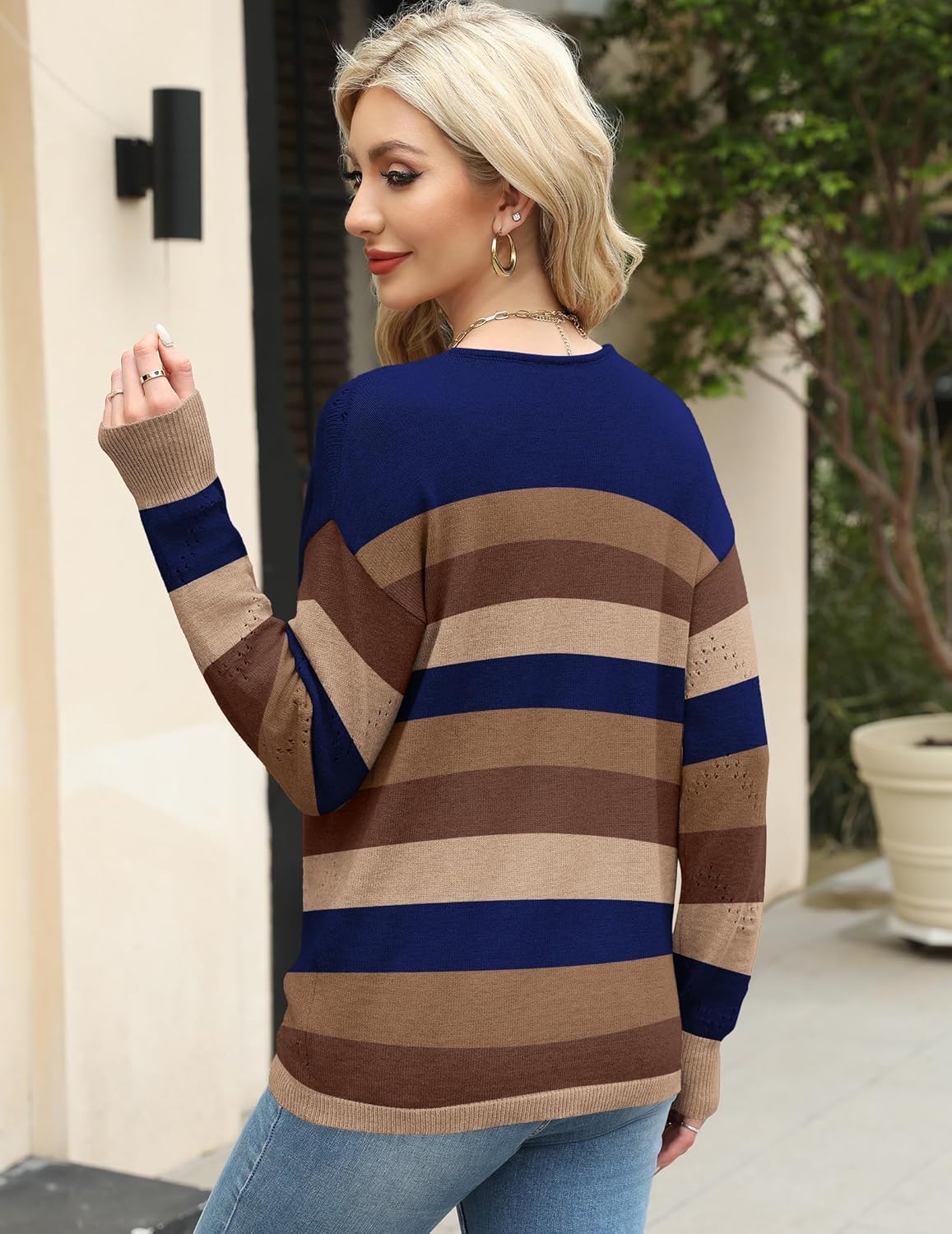 Zeagoo Womens Sweaters Fall Trendy Casual Long Sleeve Shirt Lightweight V Neck Off Shoulder Crochet Pullover Top Outfit - Image 4