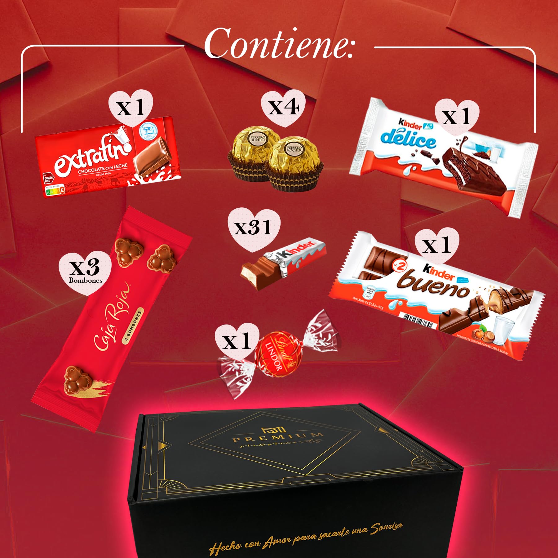 Cœur Surprise Cadeau Saint-Valentin avec +40 Chocolats et Pralines – Ferrero Rocher, Lindt Lindor, Caja Roja, Kinder – Carte Personnalisée et Présentation Spéciale