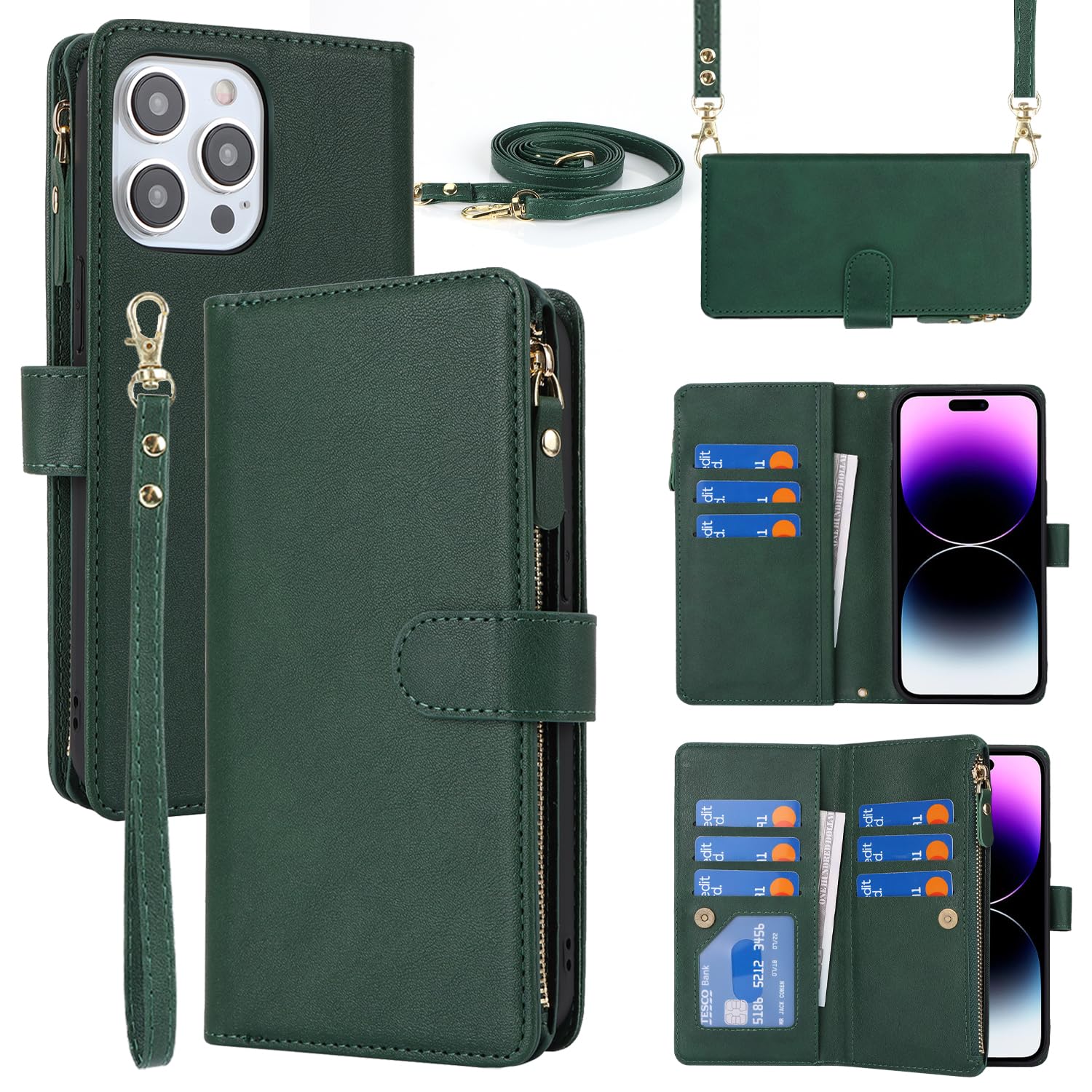SailorTech for iPhone 15 Pro Max with Wallet Phone Case, Design for iPhone 15 Pro Max Card Holder Zipper Cash Slot Lanyard Flip Leather Cover-Green