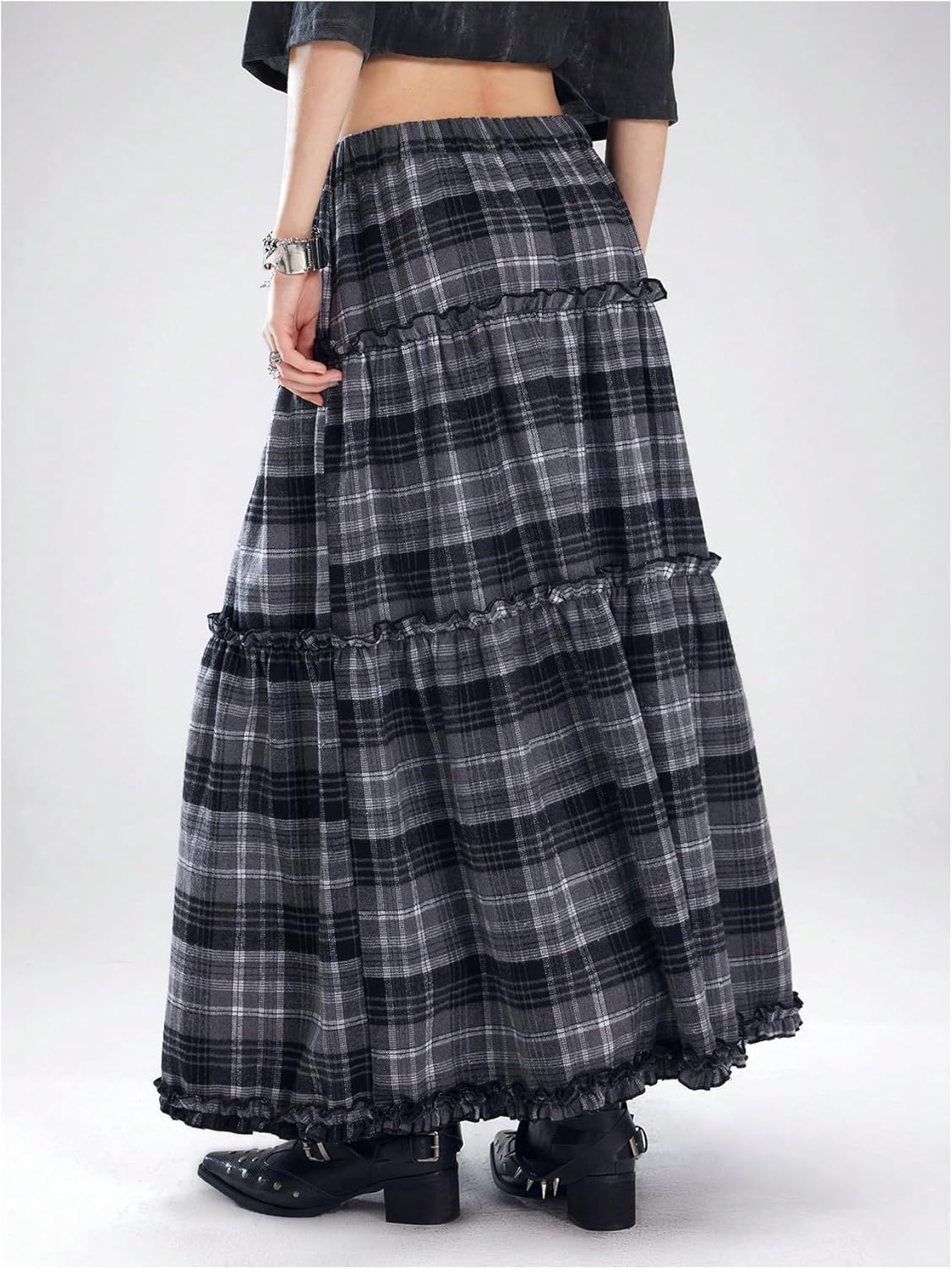 Verdusa Women's Grunge Gingham Plaid Tiered Maxi Skirt Vintage Ruffle A Line Long Skirts - Image 2