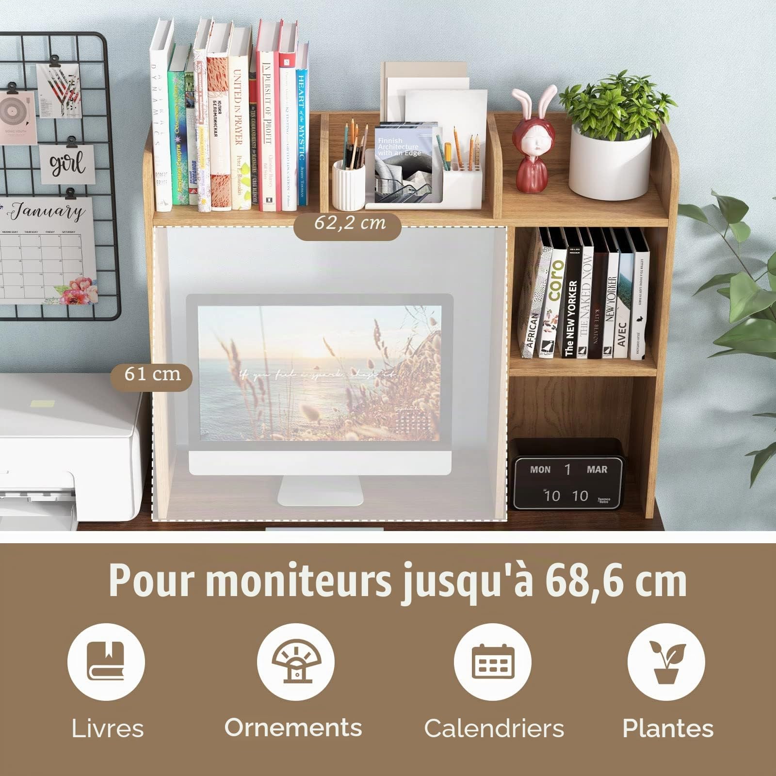 HOMASIS Étagère Bibliothèque de Bureau, Meuble de Rangement avec 4 Etagères et Compartiment Ouvert, en Panneau de Bois avec Dispositif Anti-basculement et Base Antidérapante, 94 x 25 x 74 cm (Brun)