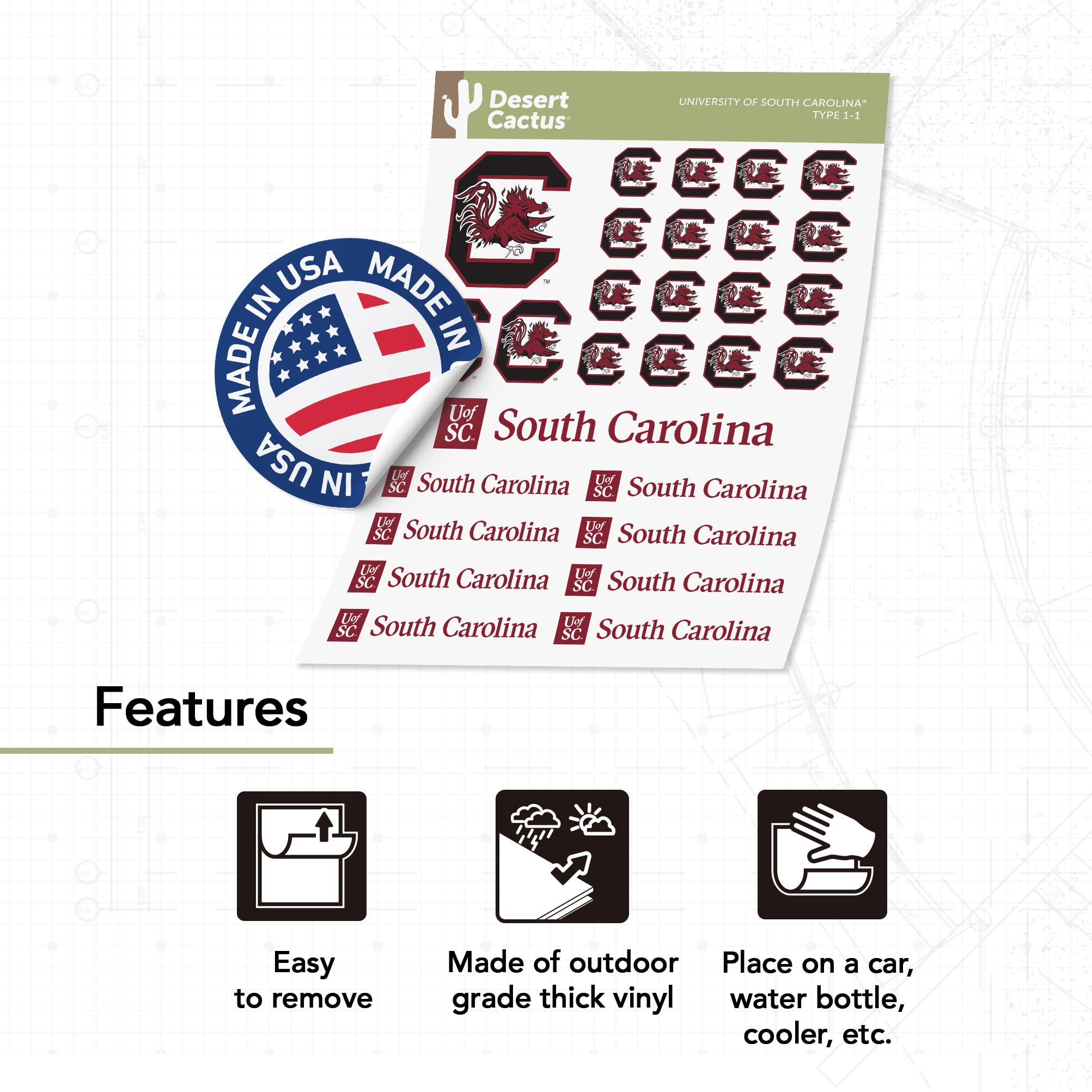University Of South Carolina Sticker Decal Sheet - Vinyl Laptop, Car, Water Bottle Decals - Officially Licensed, Made In USA