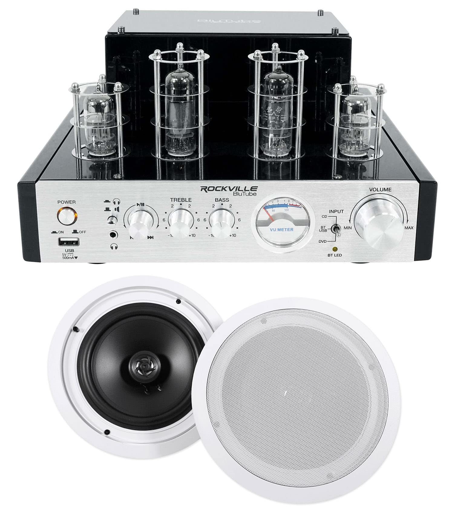 Rockville Bundle BluTube 70w Tube Amplifier/Home Theater Stereo Receiver w/Bluetooth Bundle with (1) Pair HC85 8