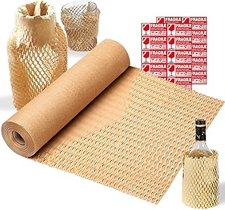 Honeycomb Packing Paper Wrap Roll,11.8''x 164’ Recyclable Honeycomb Cushioning Bubble Paper Roll for Moving Breakables or Shipping Protective,Eco Friendly Kraft Paper Packaging Roll with 20 Fragile Labels