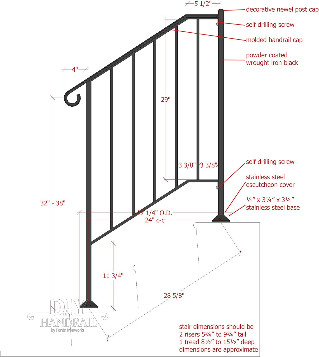 Fortin Ironworks Wrought Iron DIY Handrail - Newel #2 with Concrete Fastener Kit