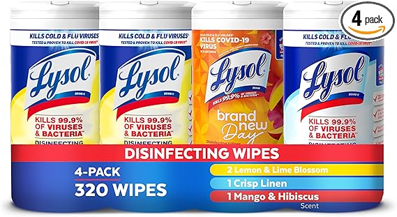 Lysol Disinfecting Wipes Bundle, Home Apartment Dorm Room Essentials and Cleaning Supplies, All Purpose Cleaner, Multi-surface Cleaning Wipes, Multi-Scent Sanitizing Wipes Bundle, 80 Count (4pk)