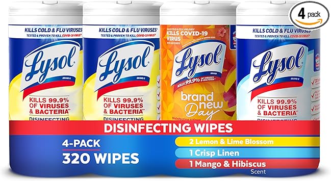 Lysol Disinfecting Wipes Bundle, Home Apartment Dorm Room Essentials and Cleaning Supplies, All Purpose Cleaner, Multi-surface Cleaning Wipes, Multi-Scent Sanitizing Wipes Bundle, 80 Count (4pk)