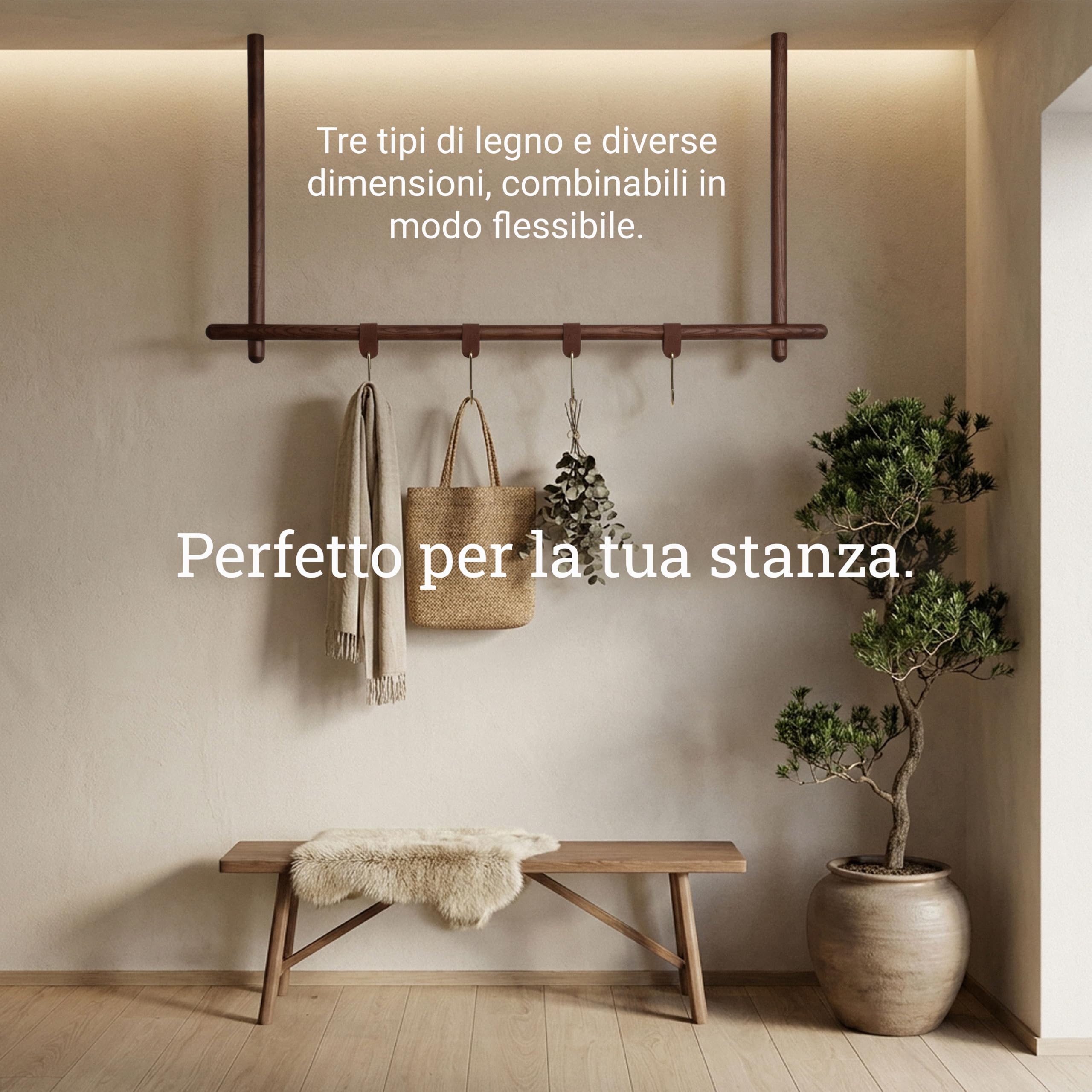 Natural Goods Berlin ASKA - 1 asta appendiabiti in legno di rovere, larghezza 60 cm, appendiabiti da soffitto, appendiabiti da soffitto, appendiabiti da corridoio, appendiabiti da soffitto, in legno