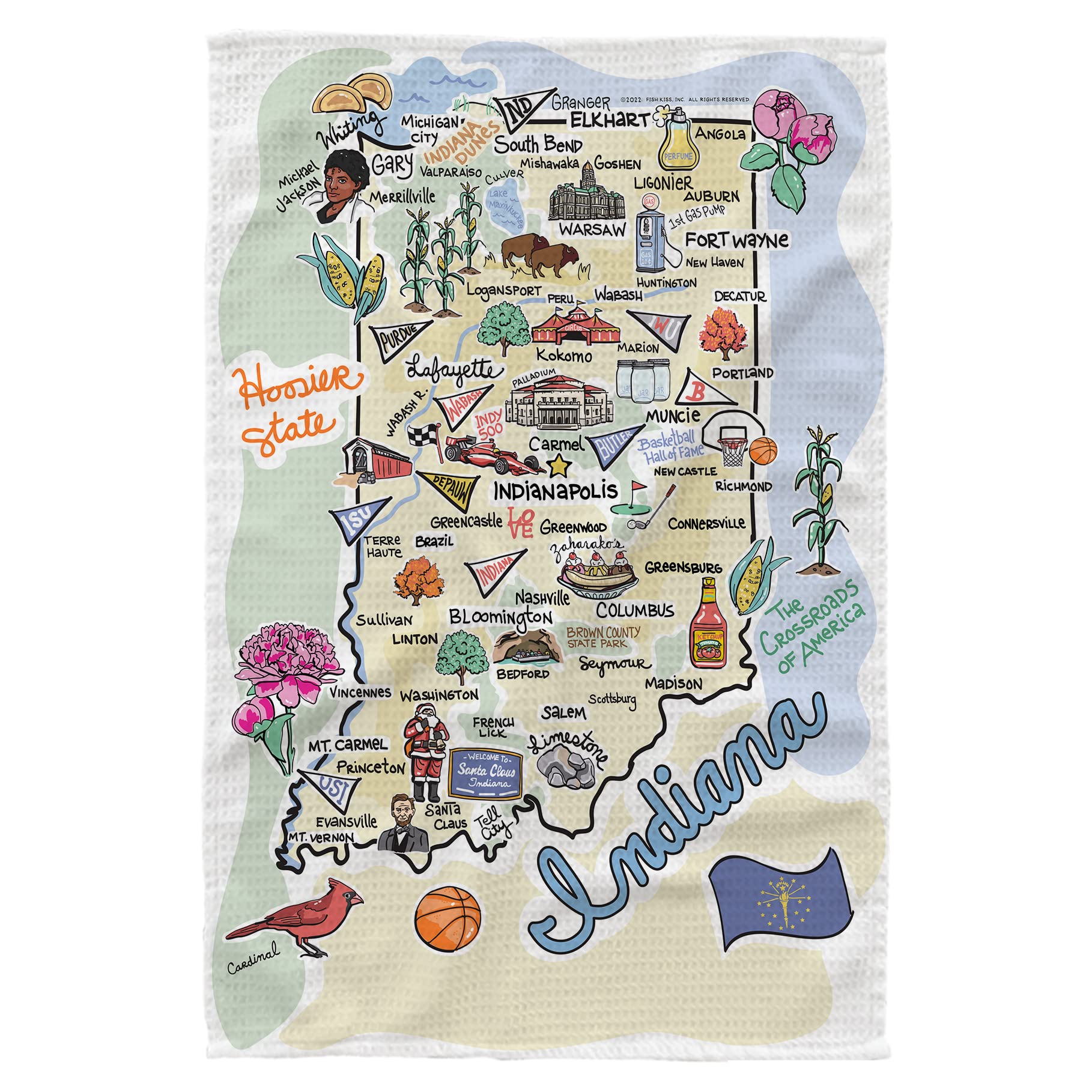 Fish Kiss® 16"x24" Indiana Map Dish Towel is of 100% Microfiber Waffle Weave Making it Super Absorbent, Soft & Machine Washable - Map Kitchen Towel,