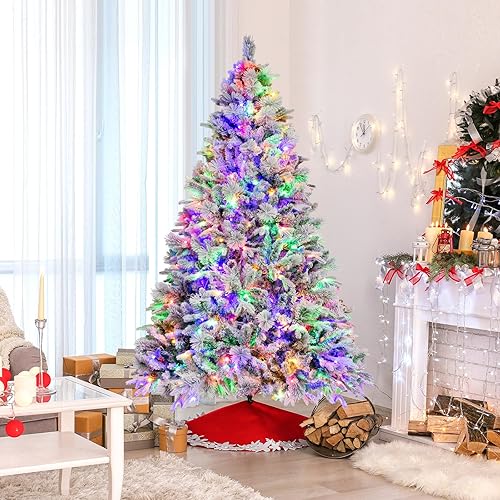Miniatura 6 de Goplus Árbol de Navidad flocado de nieve preiluminado de 7 pies, árbol de Navidad artificial con bisagras con 320 luces LED multicolor, 8 modos de