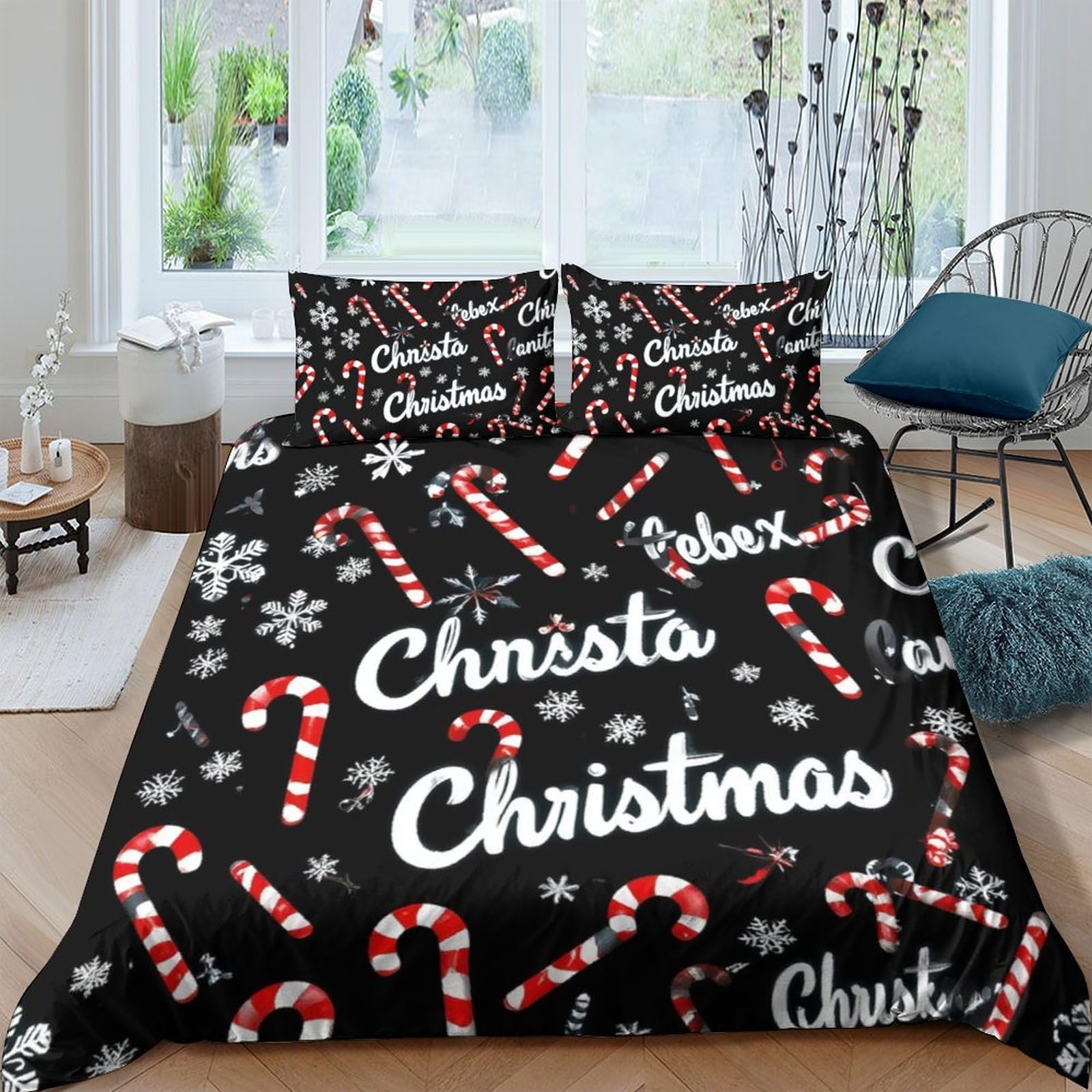 Ctjqhvkz Style-8 3D Printed Christmas Candy Cane Fitted Sheet Microfiber Snowflake Bed Cover Black For Bedroom Guest Room Mattress Decor Single（135X200cm）