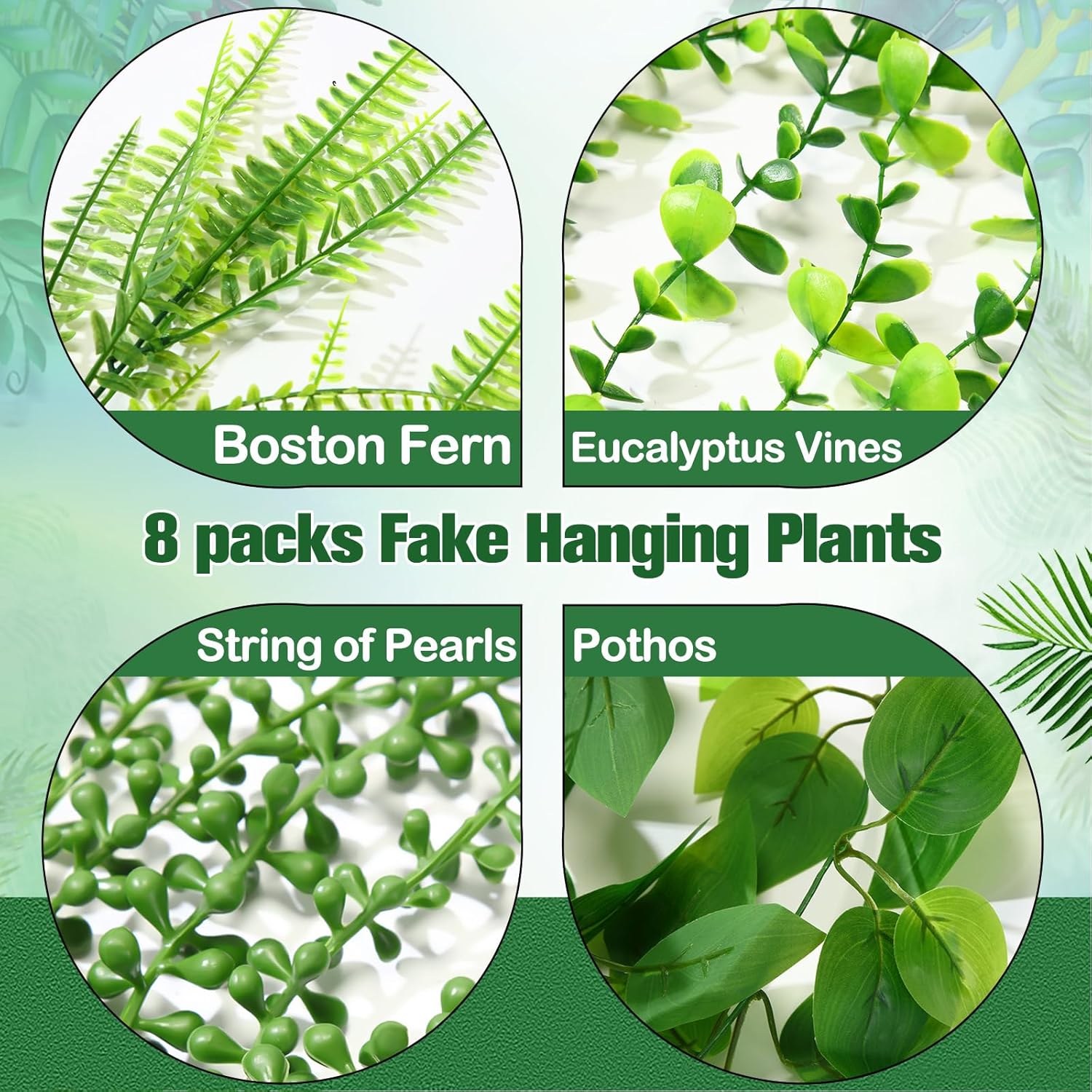 8 Pcs Artificial Hanging Plants Fake Hanging Ferns Plastic Faux Plants for Wall Room Garden Garland Indoor Outdoor Decor No Basket (Boston,Eucalyptus,Ivy Vine,String of Pearls)