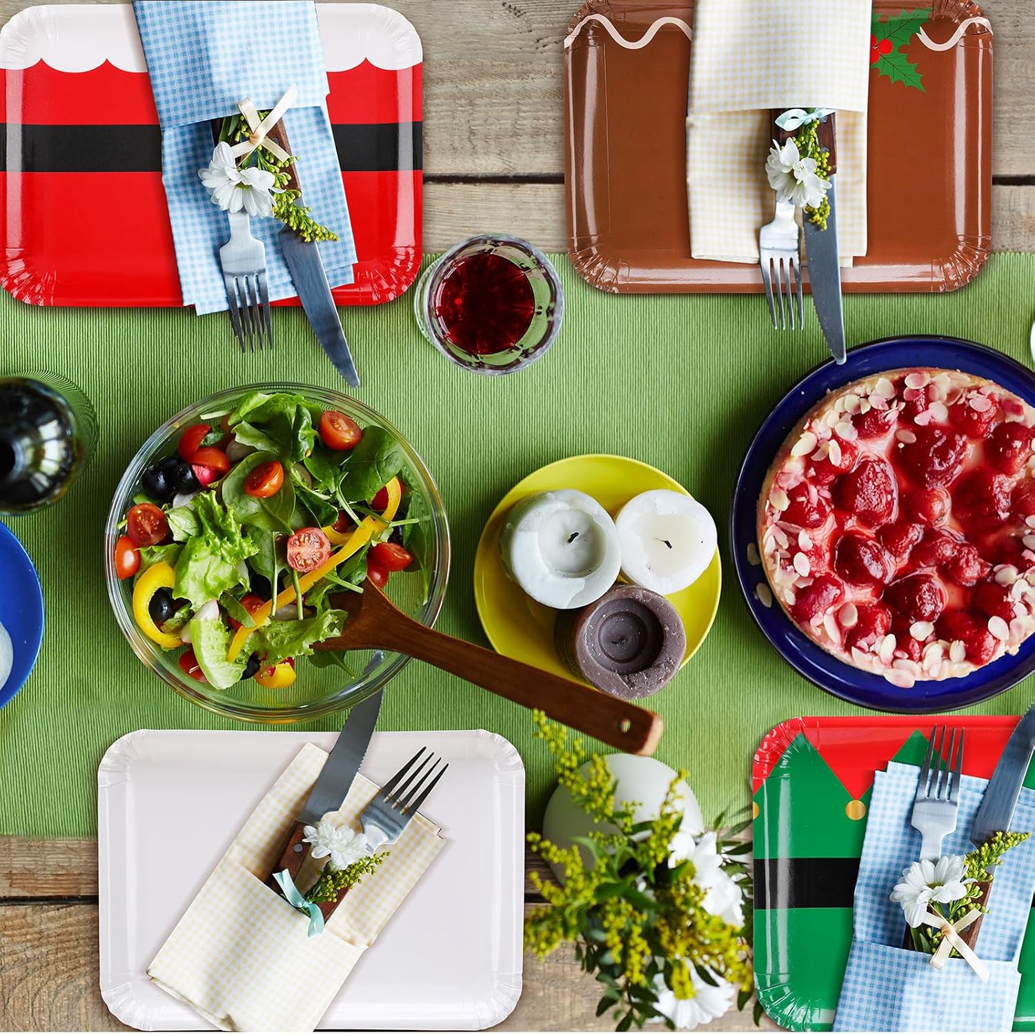 Havawish 52 Pcs 14" x 10" Extra Large Christmas Paper Plates Platters Rectangle Disposable Christmas Serving Trays Heavy Duty Large Red and Green Platters for xmas Party Dining Table