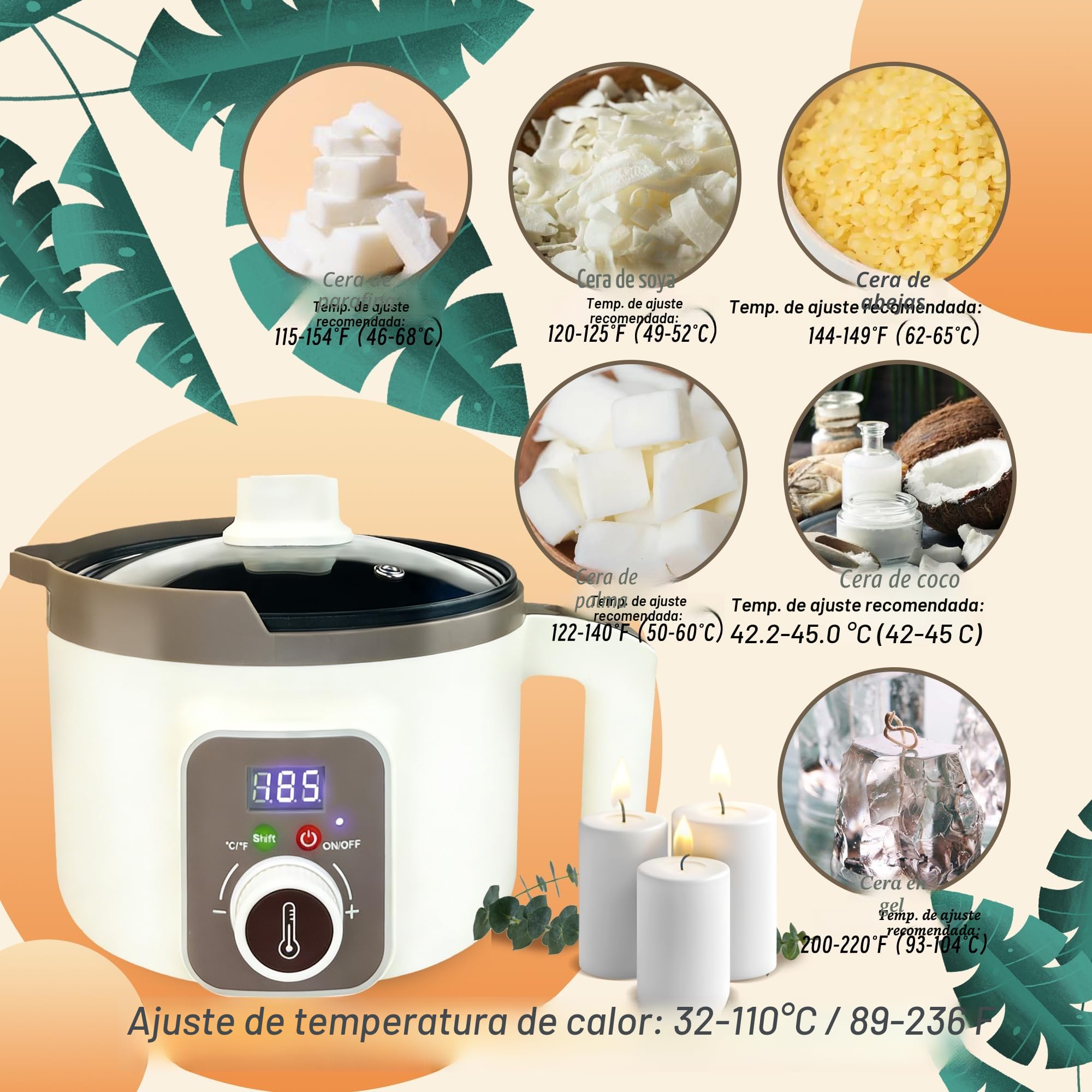 Olla de fusión de vela digital con pantalla de temperatura, inteligente derretidor de cera para velas, no pegajosa y fácil de limpiar, fundidor eléctrico cera para velas DIY