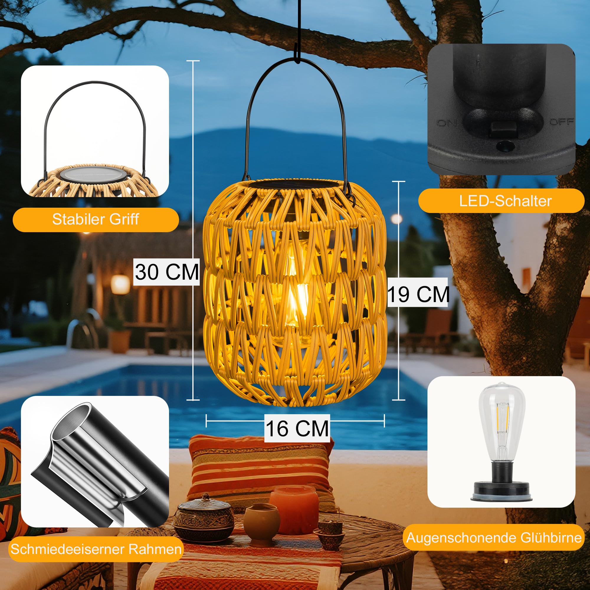 Lanterna solare per esterni, confezione da 2 lanterne a energia solare boho per esterni, resistenti alle intemperie, in rattan per esterni e giardini, giardini, cortili, balconi, decorazioni