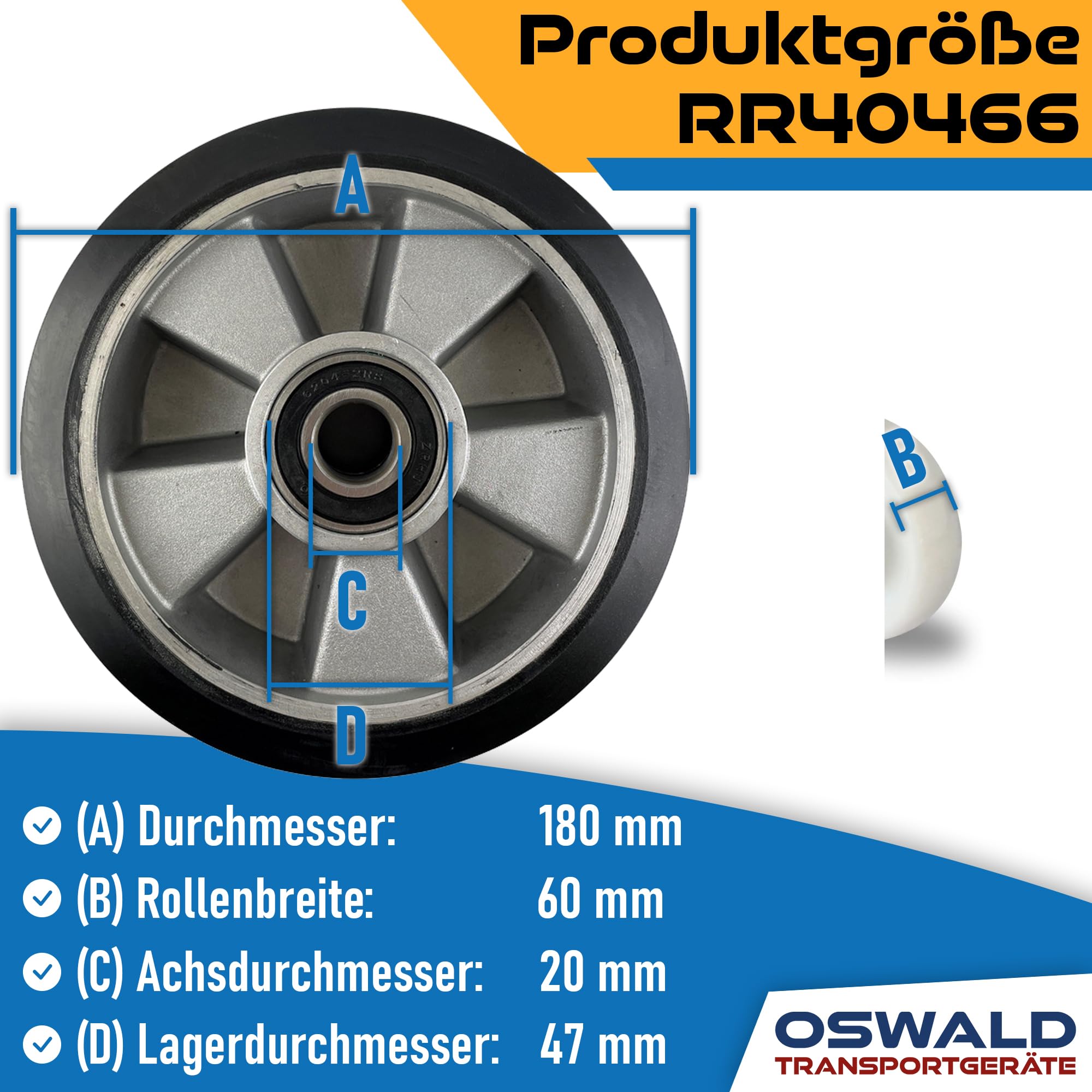 Hubwagen Rad Gummi 180 x 50/60 mm, Achse 20 mm - Ersatzrad inkl. Kugellager