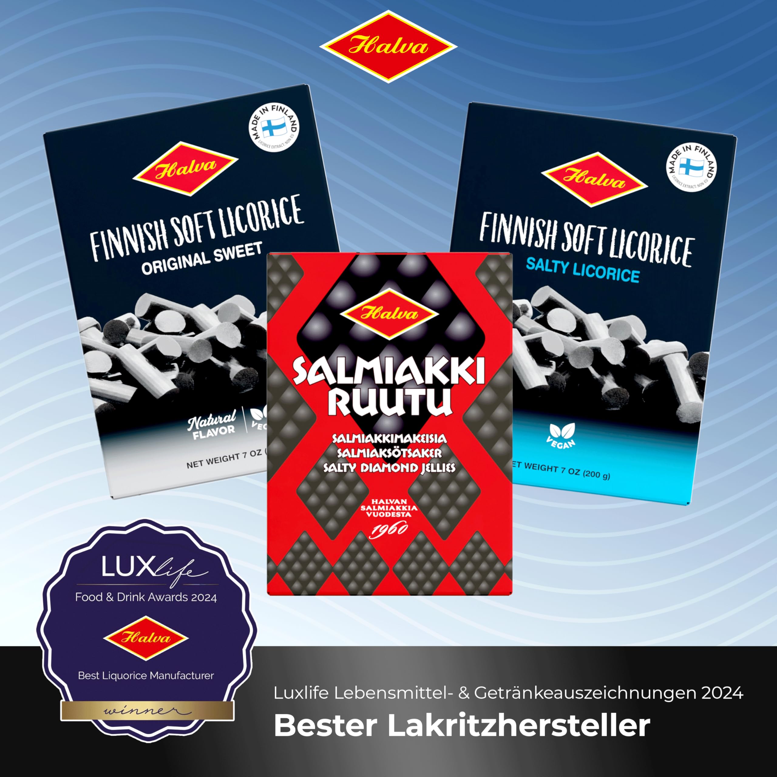 Halva Original Sweet Soft Lakritze Geschenkset 7 x 200 g - Finnische Lakritzbonbons zum Teilen, für Partys und als Snack - Veganes nordisches Liquorice mit echtem Lakritzwurzelextrakt