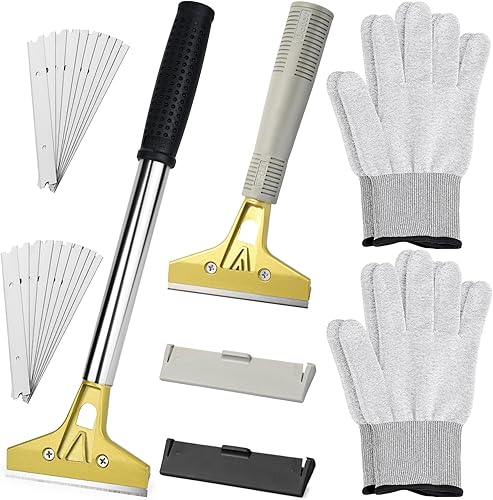 EHDIS Raspador de hoja de afeitar, 2 piezas de herramienta raspadora de vidrio de 4 pulgadas, raspador de piso con 20 cuchillas de metal