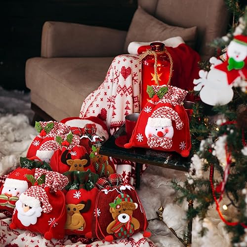 Miniatura 4 de Clysee 12 bolsas de regalo de Navidad para muñecas, bolsas de manzana reutilizables con cordón, bolsas de regalo con cordón de alce, oso de Papá