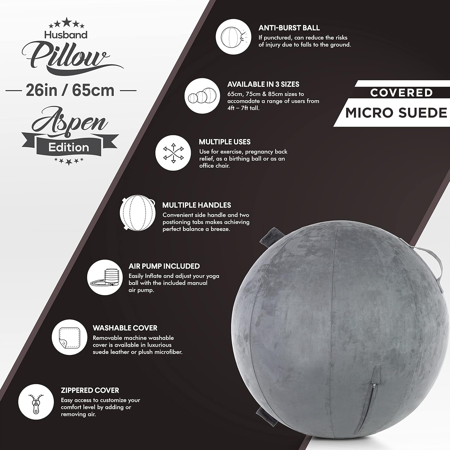 Husband Pillow Exercise Ball, Cover with Pump for Yoga, Pilates, Fitness Balance Stability, Office Ball Chair Seat. Soft & Slip Resistant, Pro Guide