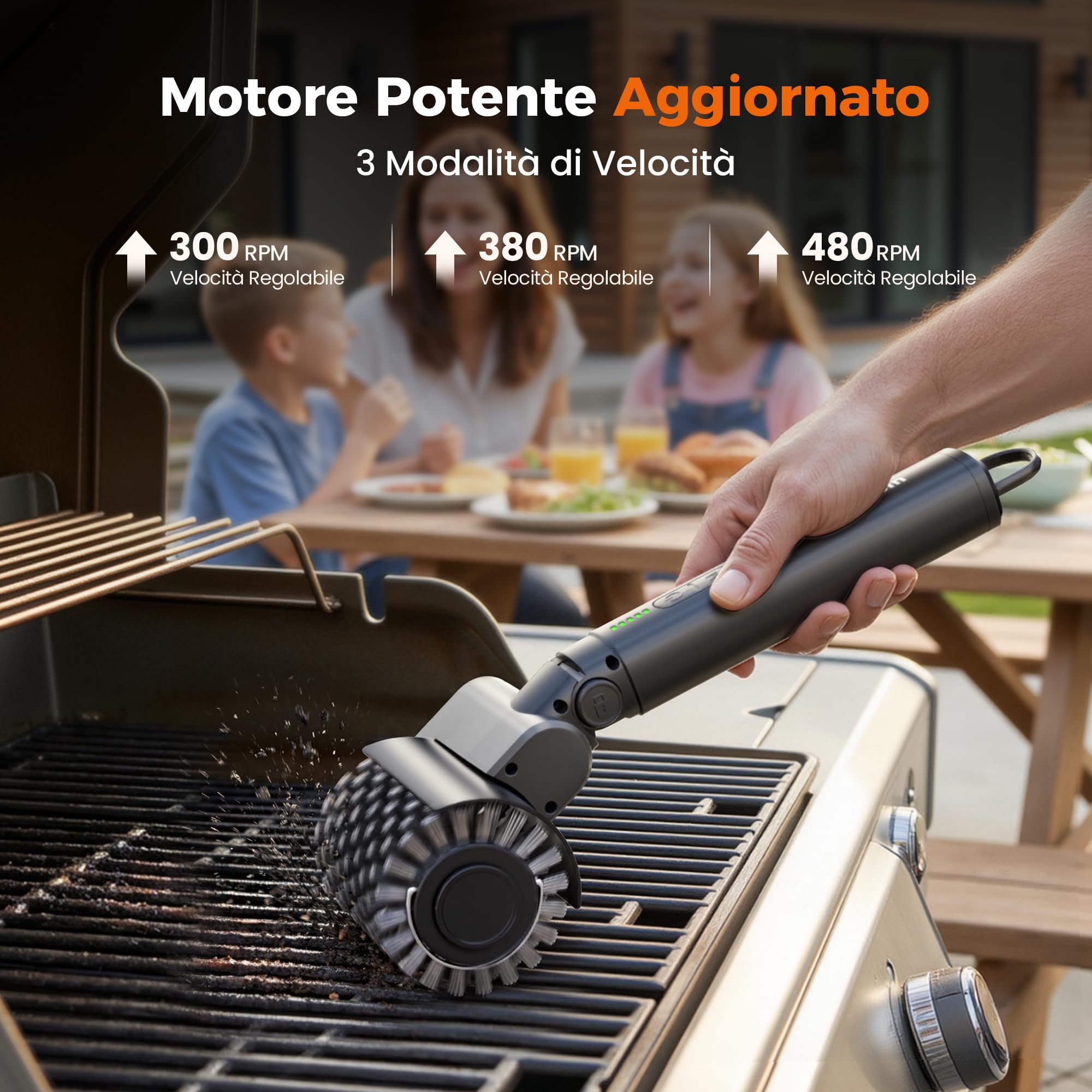 Leebein Spazzola Elettrica per Barbecue, 3 Velocità, Angolo Regolabile, 3 Testine, 150 Min Autonomia, Resistente all'Acqua