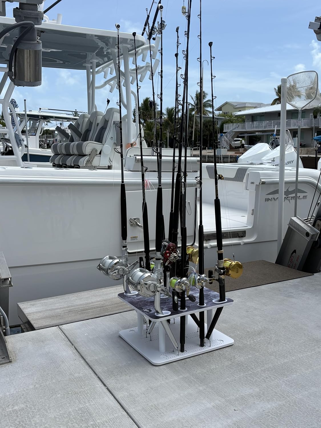 Rush Creek Creations Saltwater Fishing Rod Holder for 10 Rods (Straight & Size 2 and 4 Bent Butt), Fishing Pole Holder for Garage Organization/Dock Storage, Fishing Reels, and Fishing Accessories