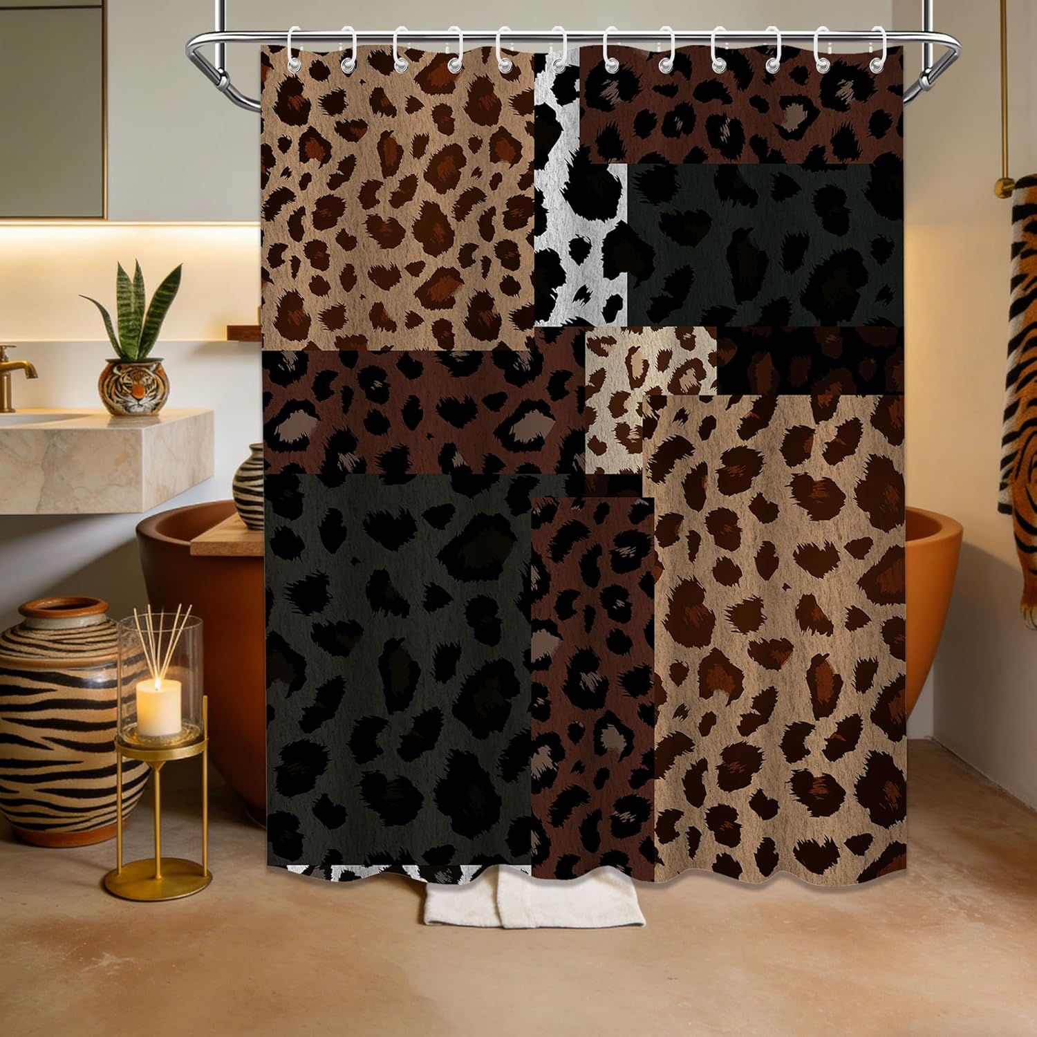 Brown Leopard Shower Curtain Black Tan Cheetah Print Shower Curtains for Men Bathroom Decor, Waterproof Cloth Fabric with Hooks 70" W x 84" L
