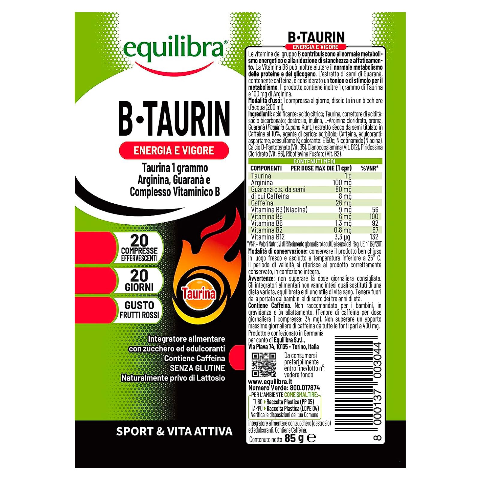 Equilibra Integratore per lo Sport B-Taurin Effervescente con Taurina Arginina e Guaranà per Tono ed Energia Con Caffeina Senza Glutine - 6 Tubetti da 20 Compresse
