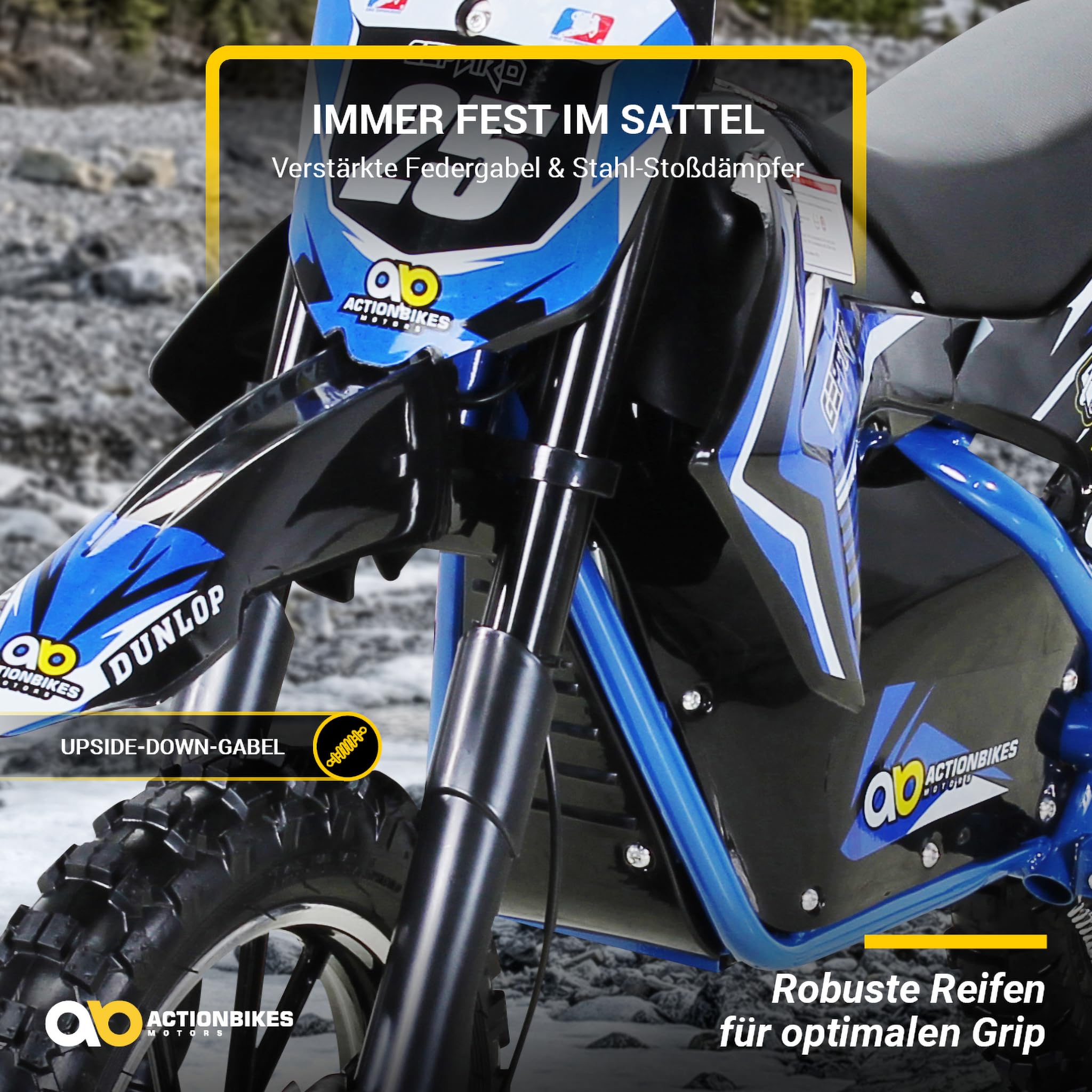Actionbikes Motors Kinder Elektro Crossbike Gepard | 𝟱𝟬𝟬 Watt Motor bis 𝟐𝟒 km/h - Motorrad - Pocket Bike - Dirt Bike - Motocross - Pocketbike - Motorsport - Dirtbike - Enduro ab 8 Jahren (Blau)