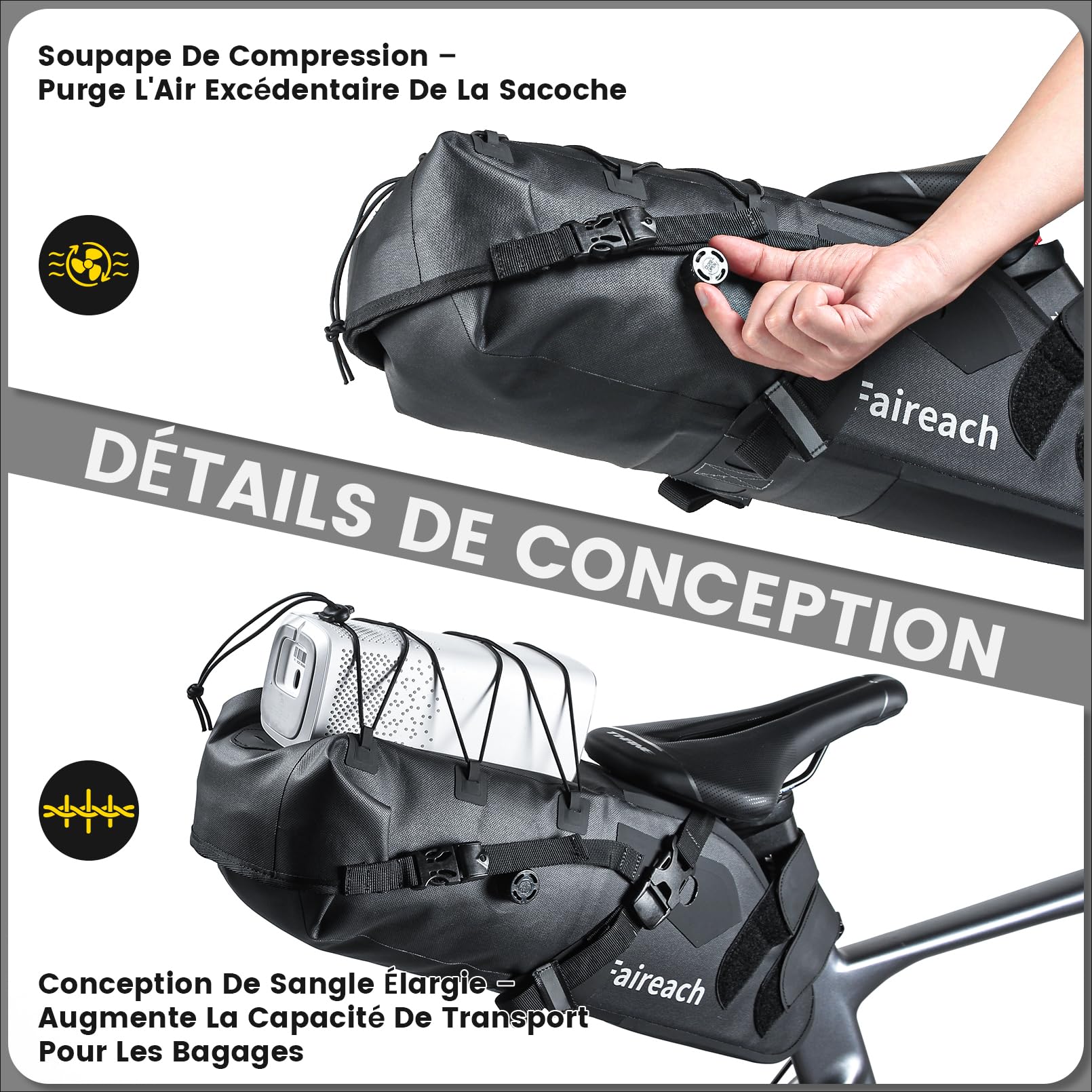 Sacoche de Selle Vélo Étanche 10L Grand Capacité, Sacoche Velo Arrière Universelle pour VTT Route avec Bande Réfléchissante, Support de Charge Lourd 5kg pour Cyclisme, Poche Imperméable Noir