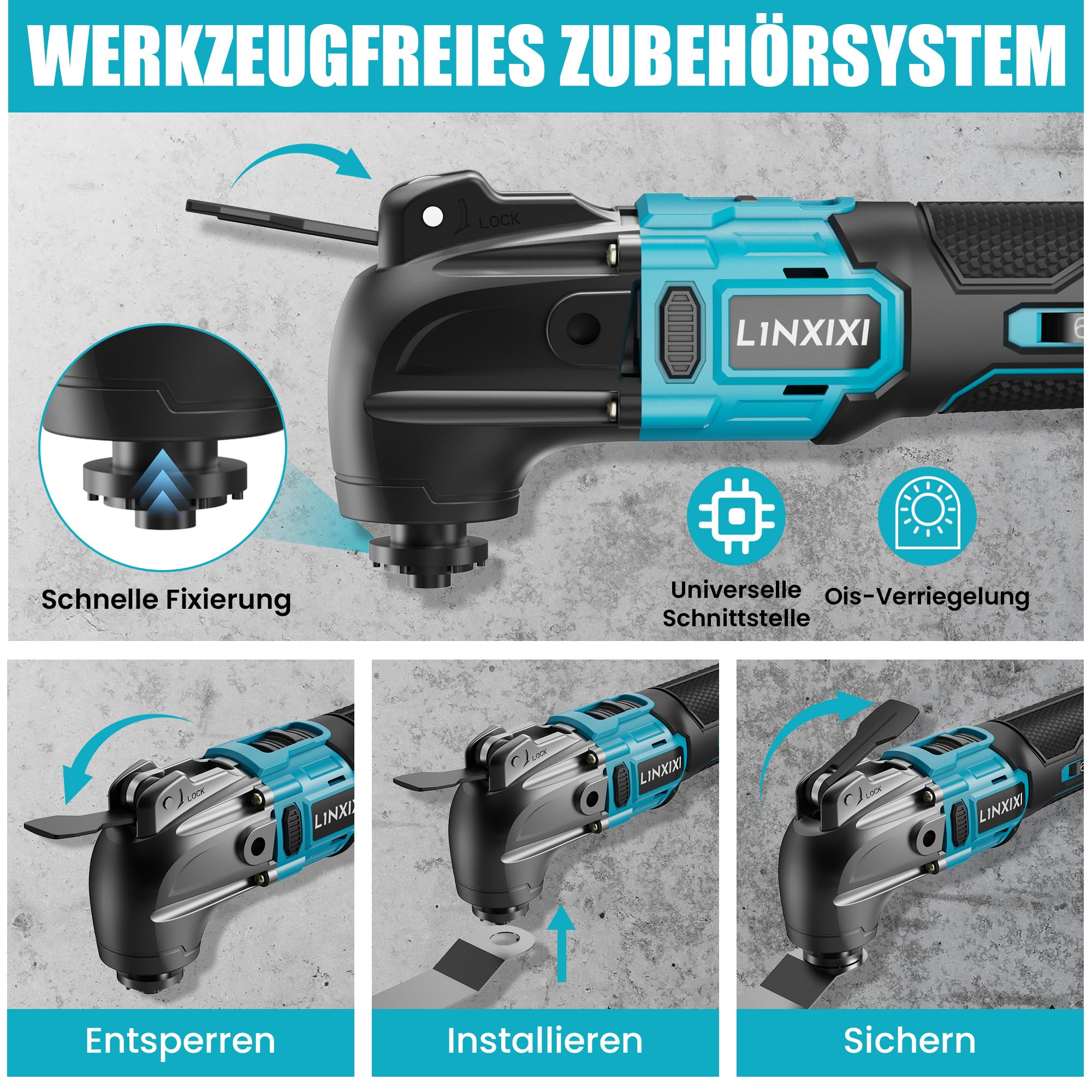 L1NXIXI Multitool Akku Multifunktionswerkzeug Für Makita 18V Akku Oszillierende Multitool Mit 21 Zubehoer, 6 Geschwindigkeiten 8.500 21.000 Rpm, Multifunktionswerkzeug Akku Zum Schaben Schneiden Schleifen (ohne 4730522829