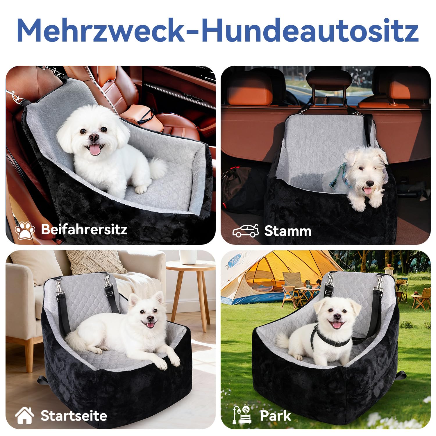 Hunde Autositz für kleine & mittlere Hunde – Abnehmbarer, waschbarer Hundesitz bis 30lbs, mit Staufächern & Sicherheitsgurt als reversibles Hundebett