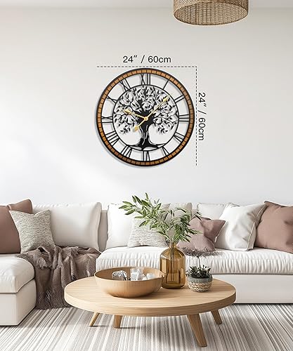 Miniatura 3 de Reloj de pared, reloj de pared grande de 24 pulgadas para decoración de sala de estar, diseño de árbol de la vida y marco de madera, funciona con