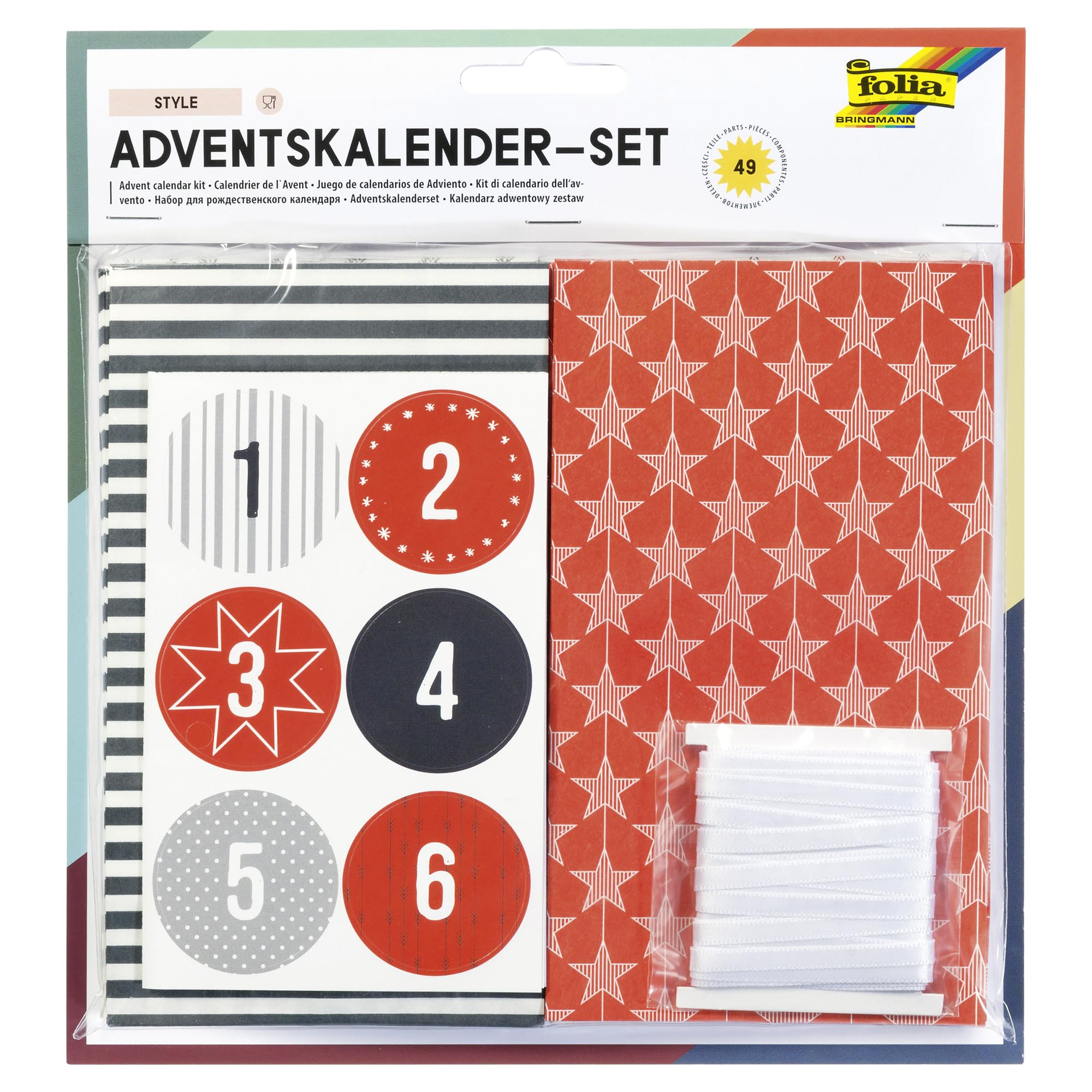 folia 9395 Advent Calendar Set Style, with 24 Food Safe Paper Bags, 10 x 17.5 x 5.5 cm, 7 m Satin Ribbon and Number Stickers